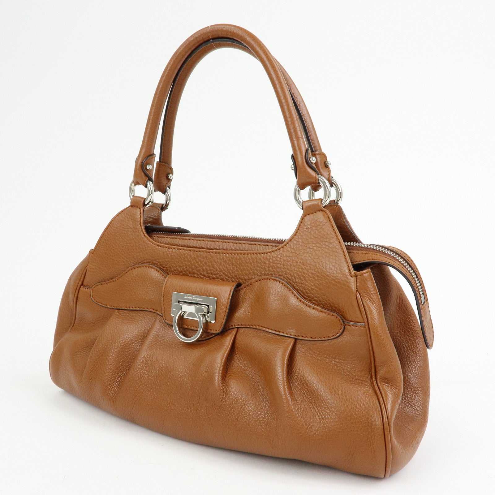 Ferragamo Gancini Leather Pleated Shoulder Bag Hand Bag Brown