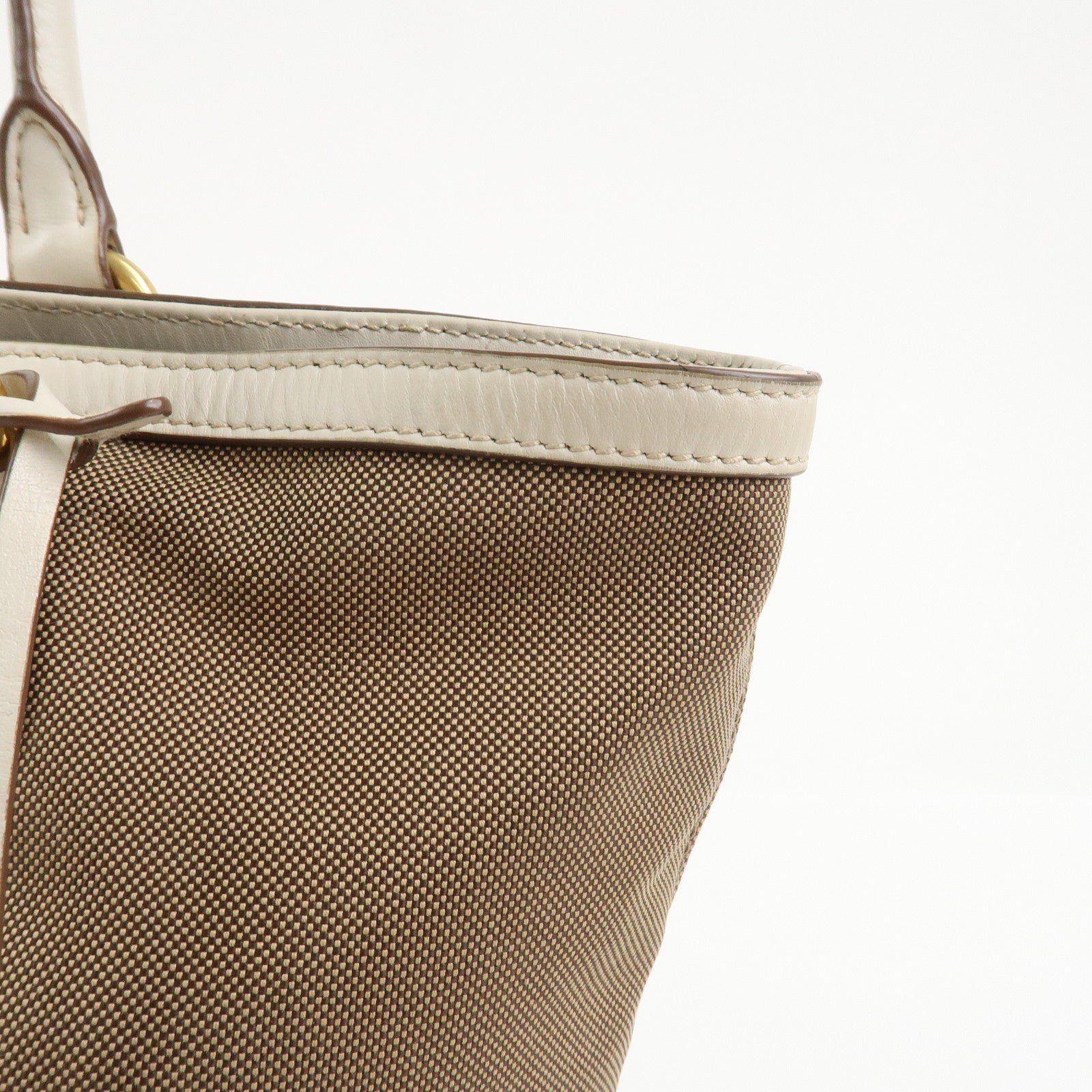 PRADA Logo Jacquard Leather Tote Bag Hand Bag Beige Ivory 1BG158