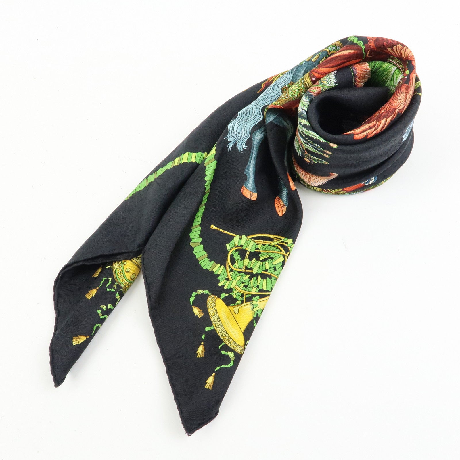 HERMES Carre 90 Silk 100% Scarf LES FETES DU ROI SOLEIL Black