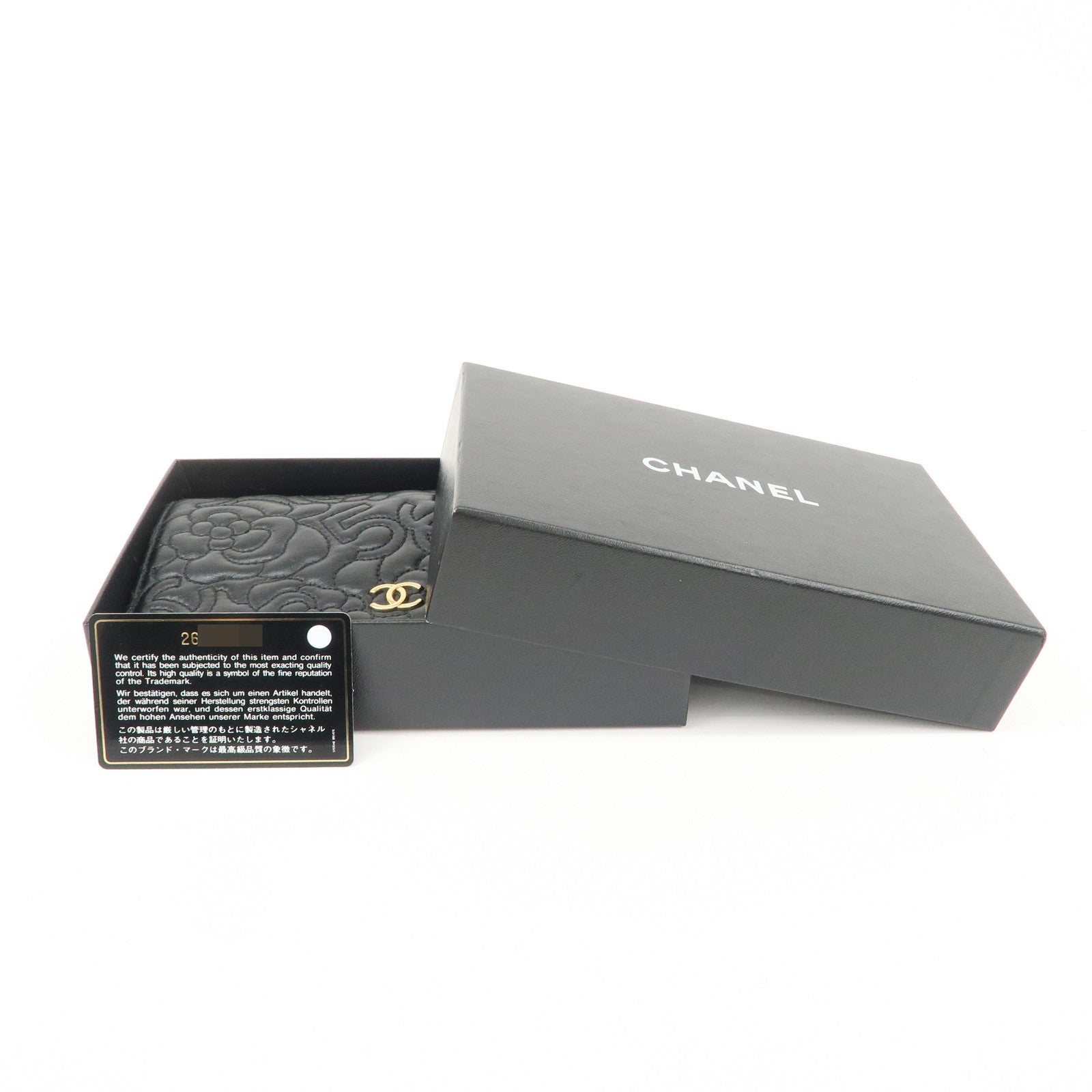 CHANEL Camelia No.5 COCO Mark Lamb Skin Bi-fold Long Wallet A70619 Used