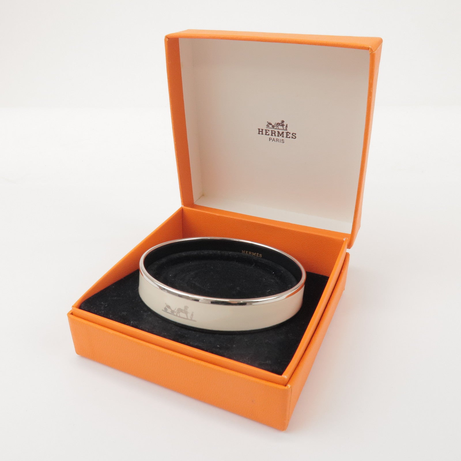 HERMES Email MM Bangle Plated Bracelet Ivory Silver