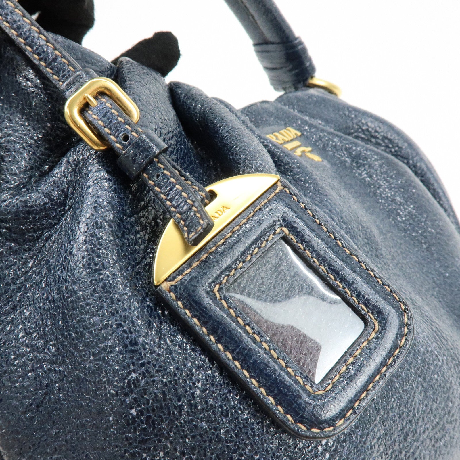 PRADA Logo Shiny Coated Leather Shoulder Bag Hand Bag Navy BR4070