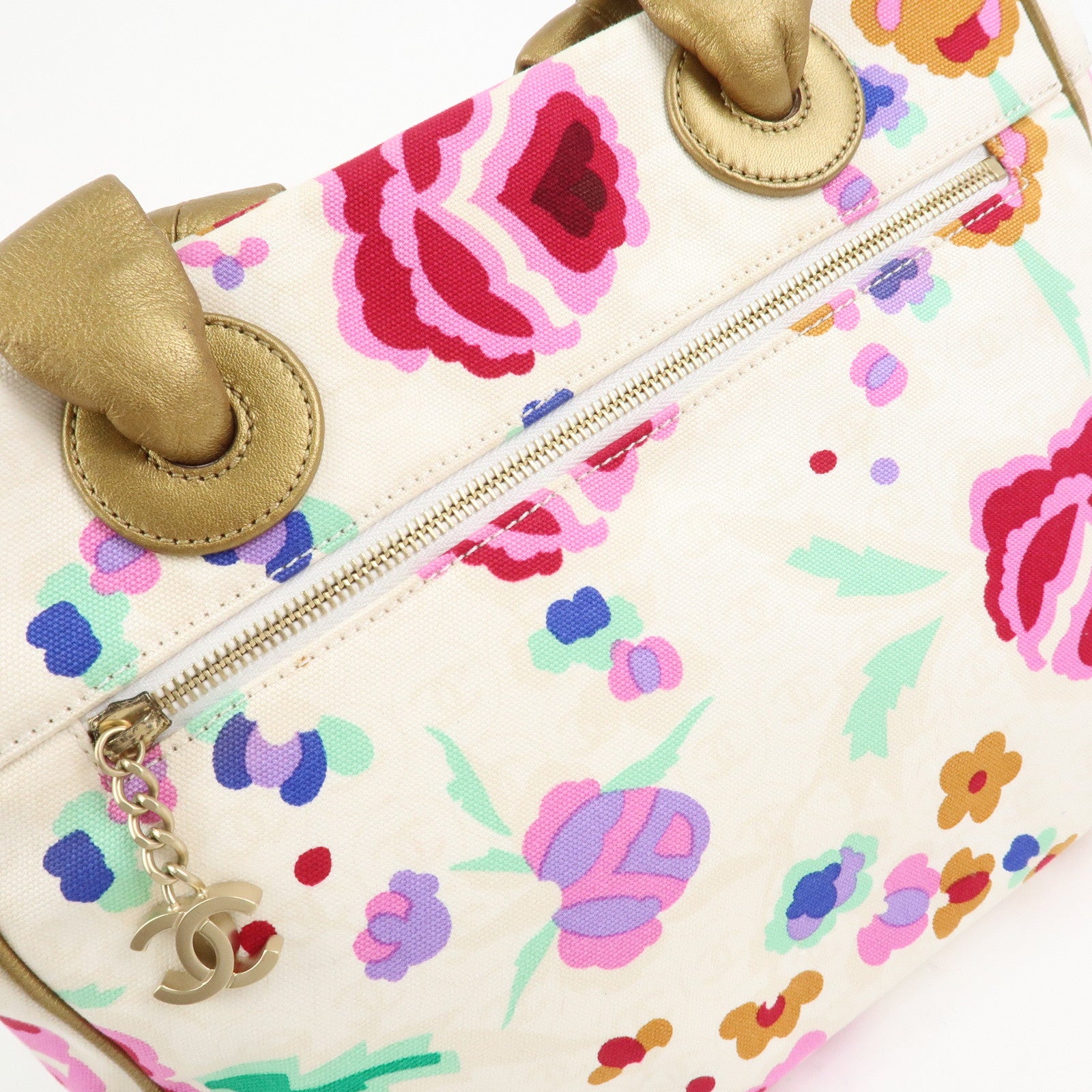CHANEL Canvas Lamb Skin Tote Bag Shoulder Bag Flora A25388