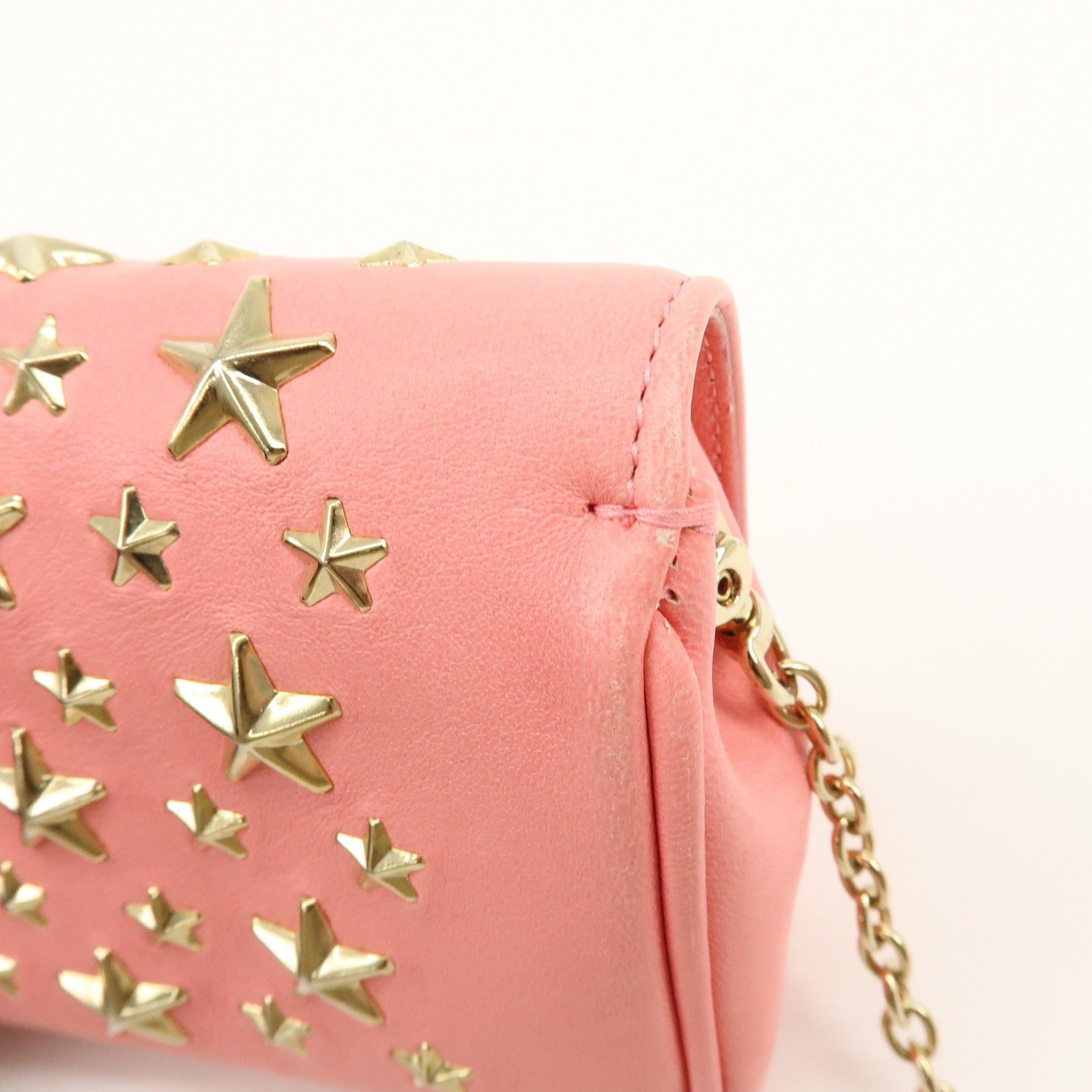 JIMMY CHOO Studs Leather Chain Shoulder Bag Crossbody Bag Pink