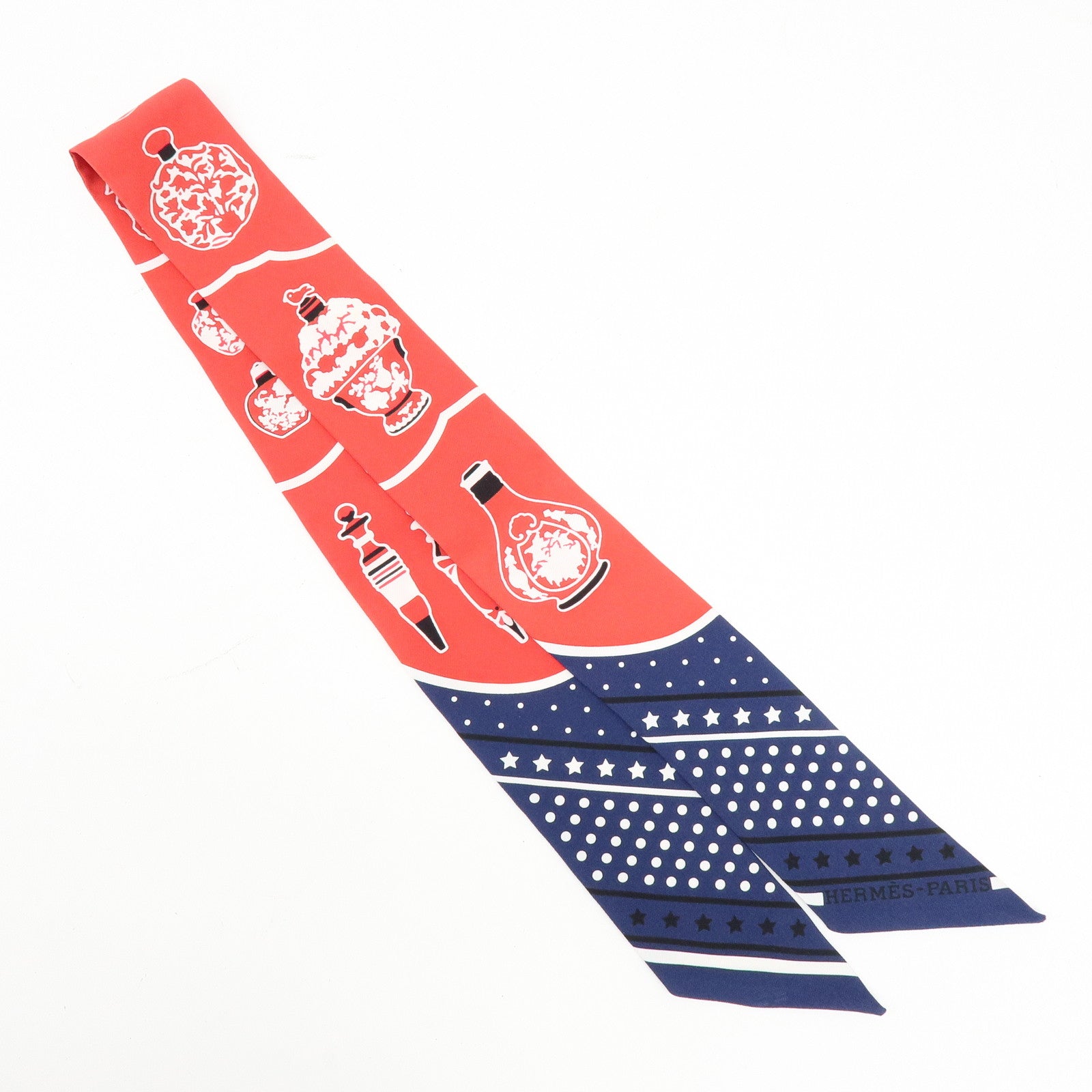HERMES Twilly Silk 100% Scarf Les Flacons Bandana Red Navy