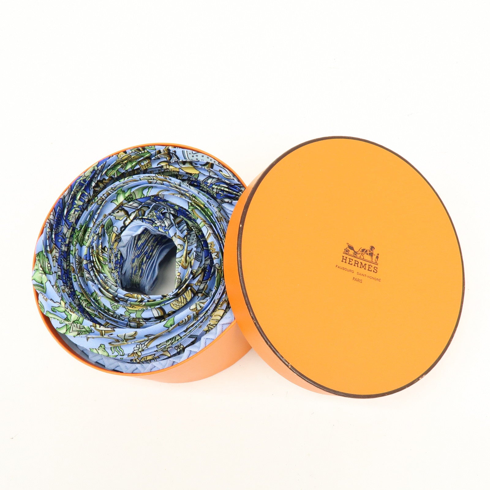 HERMES Pleats Carre Silk 100% Scarf CHASSE EN INDE Blue