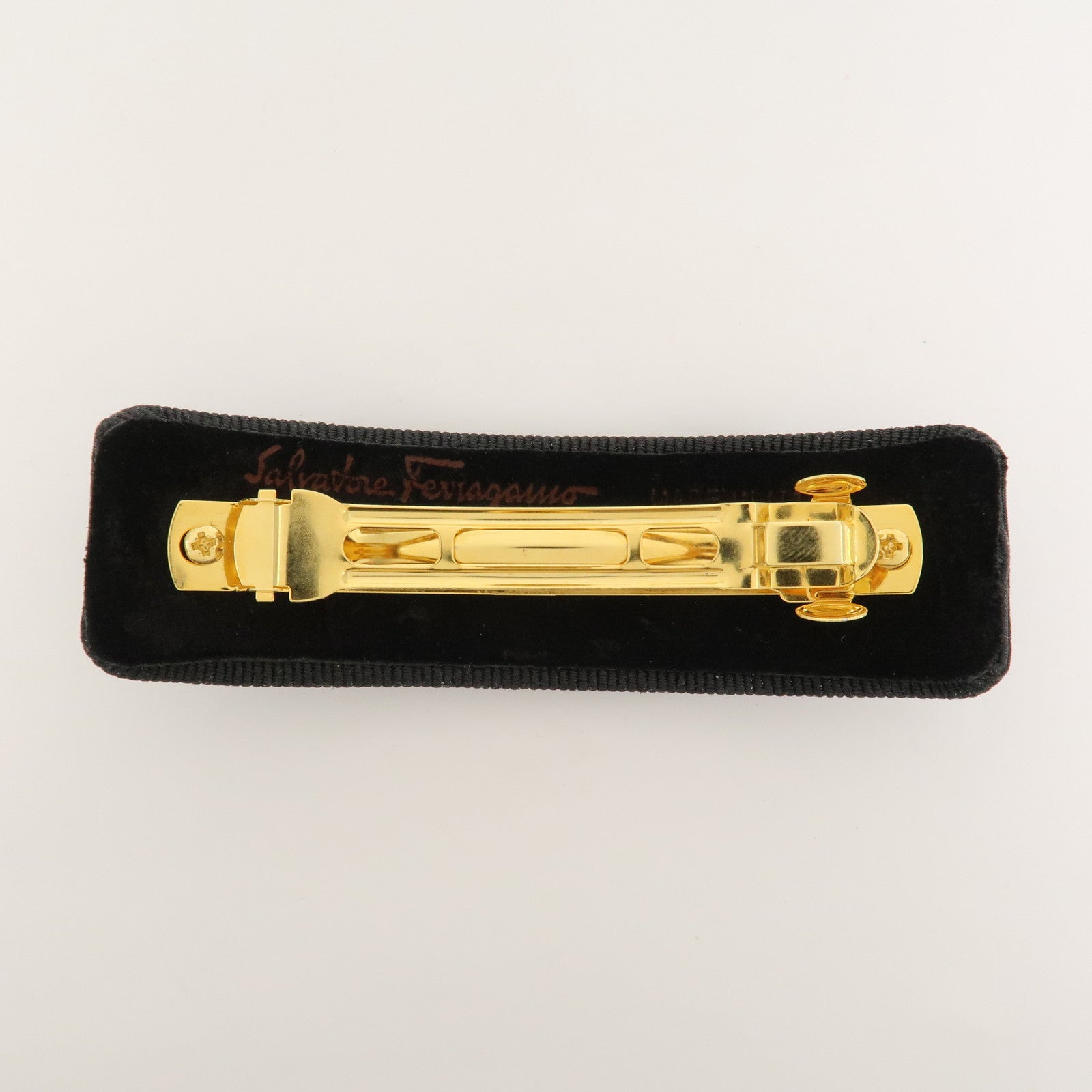 Ferragamo Gancini Logo Canvas Barrette Hair Clip Black Gold
