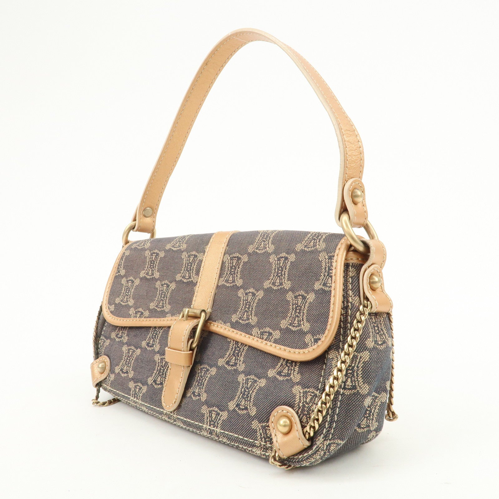 CELINE Macadam Denim Leather Shoulder Bag Metalic Pink Beige Navy