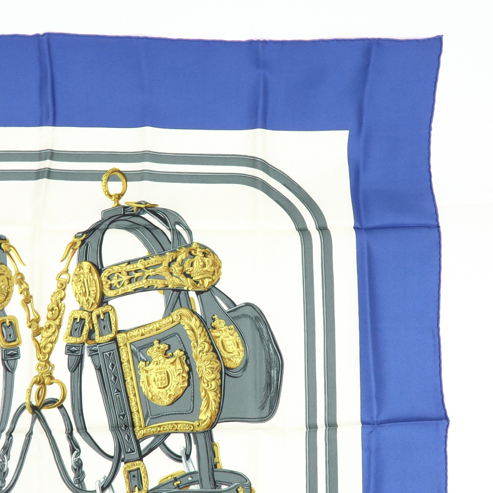 HERMES Carre 90 Silk 100% Scarf BRIDES DE GALA Navy Gray Gold
