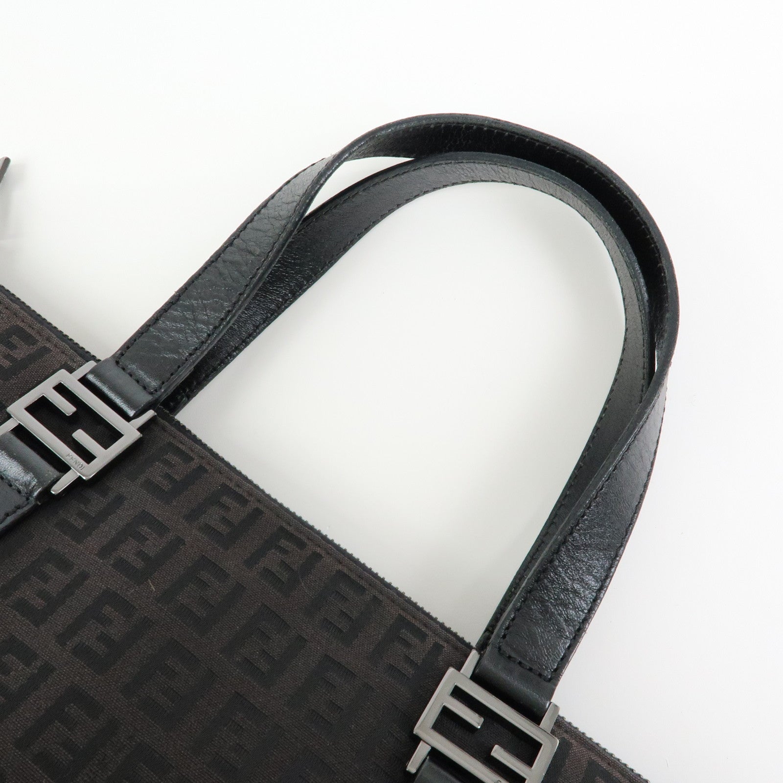 FENDI Zucchino Canvas Leather Tote Bag Hand Bag Black