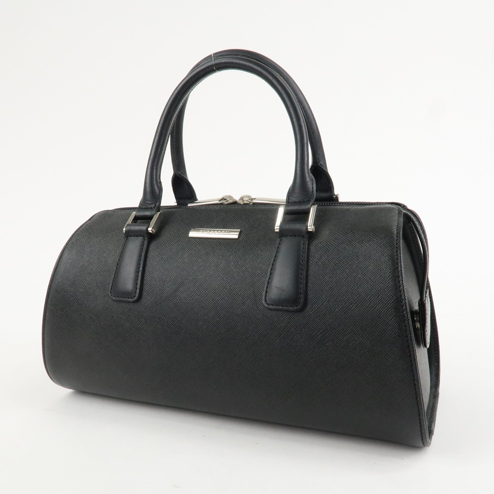 BURBERRY Leather Boston Bag Hand Bag Black Silver HDW Used