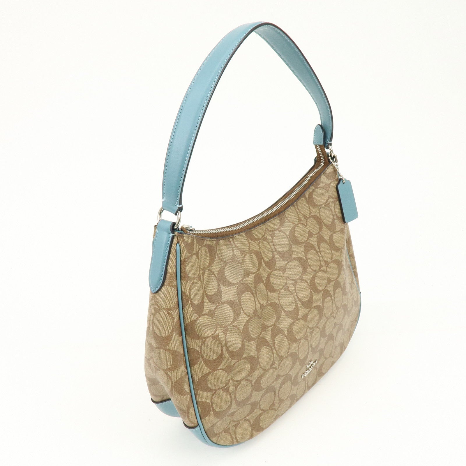 COACH Signature PVC Coated Canvas Leather Shoulder Bag Beige Blue