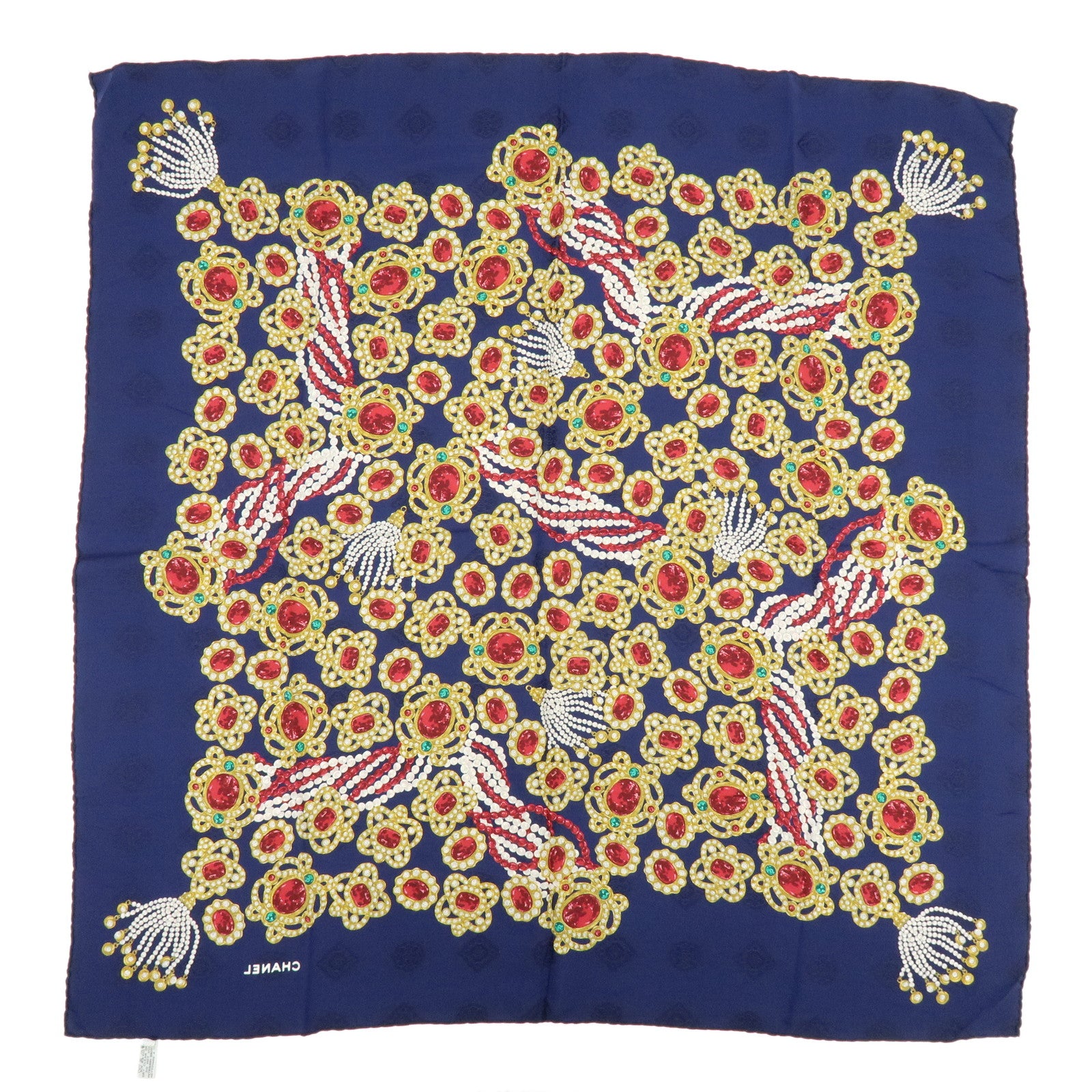 CHANEL Silk 100% Scarf Jewelry Motif Dark Navy Multicolor
