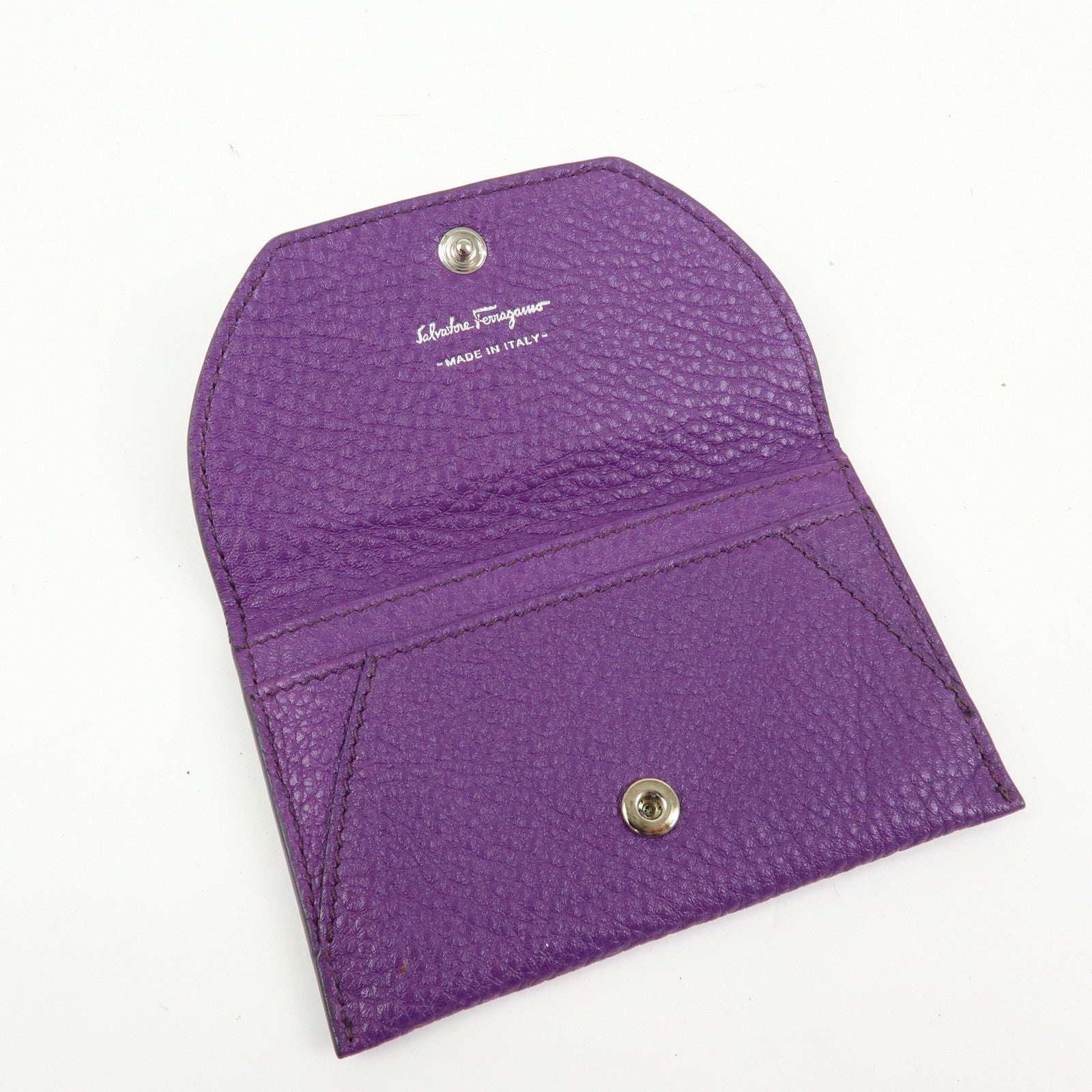 Ferragamo Gancini Leather Flap Button Card Case Purple Silver