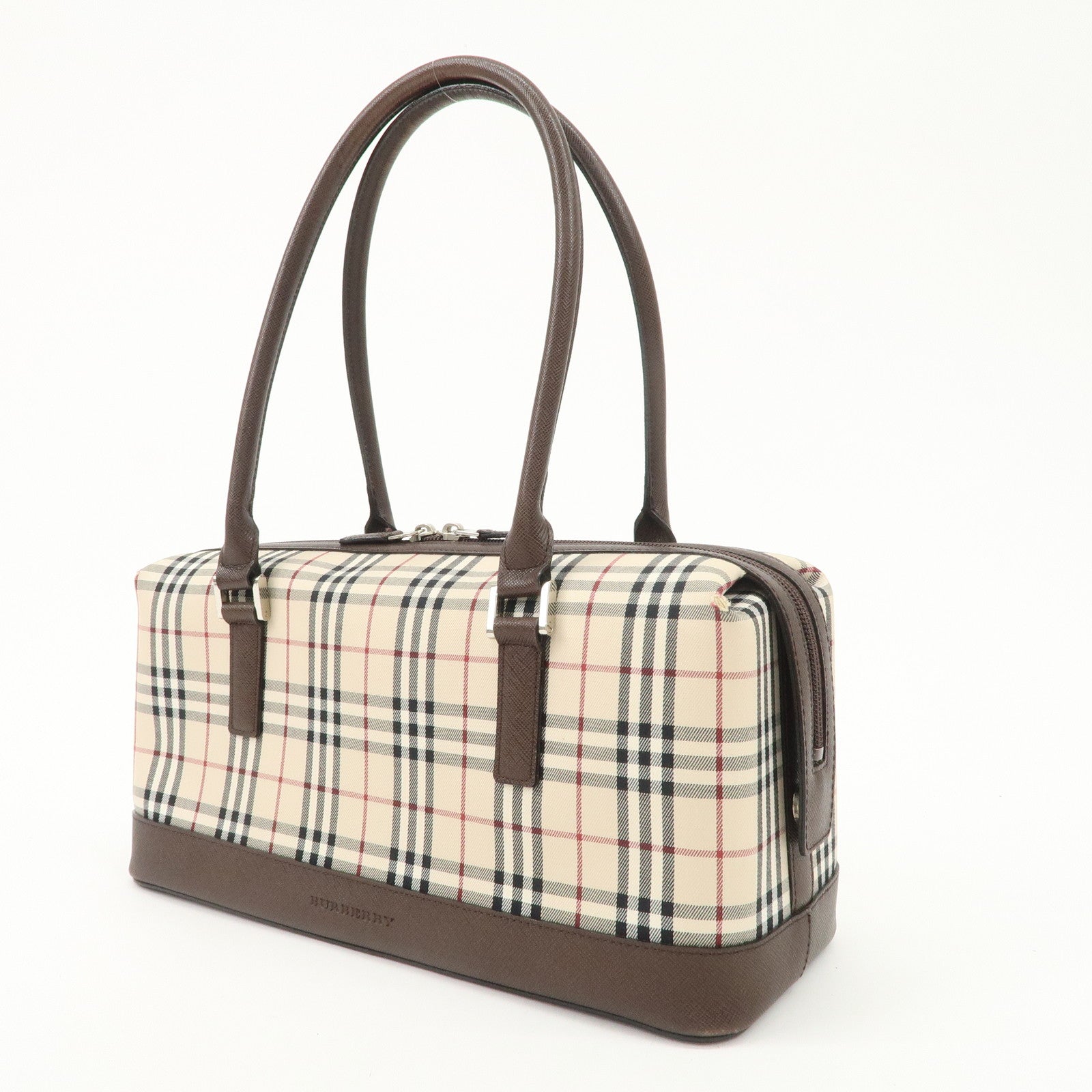 BURBERRY Leather Canvas Boston Bag Hand Bag Nova Plaid Brown Used