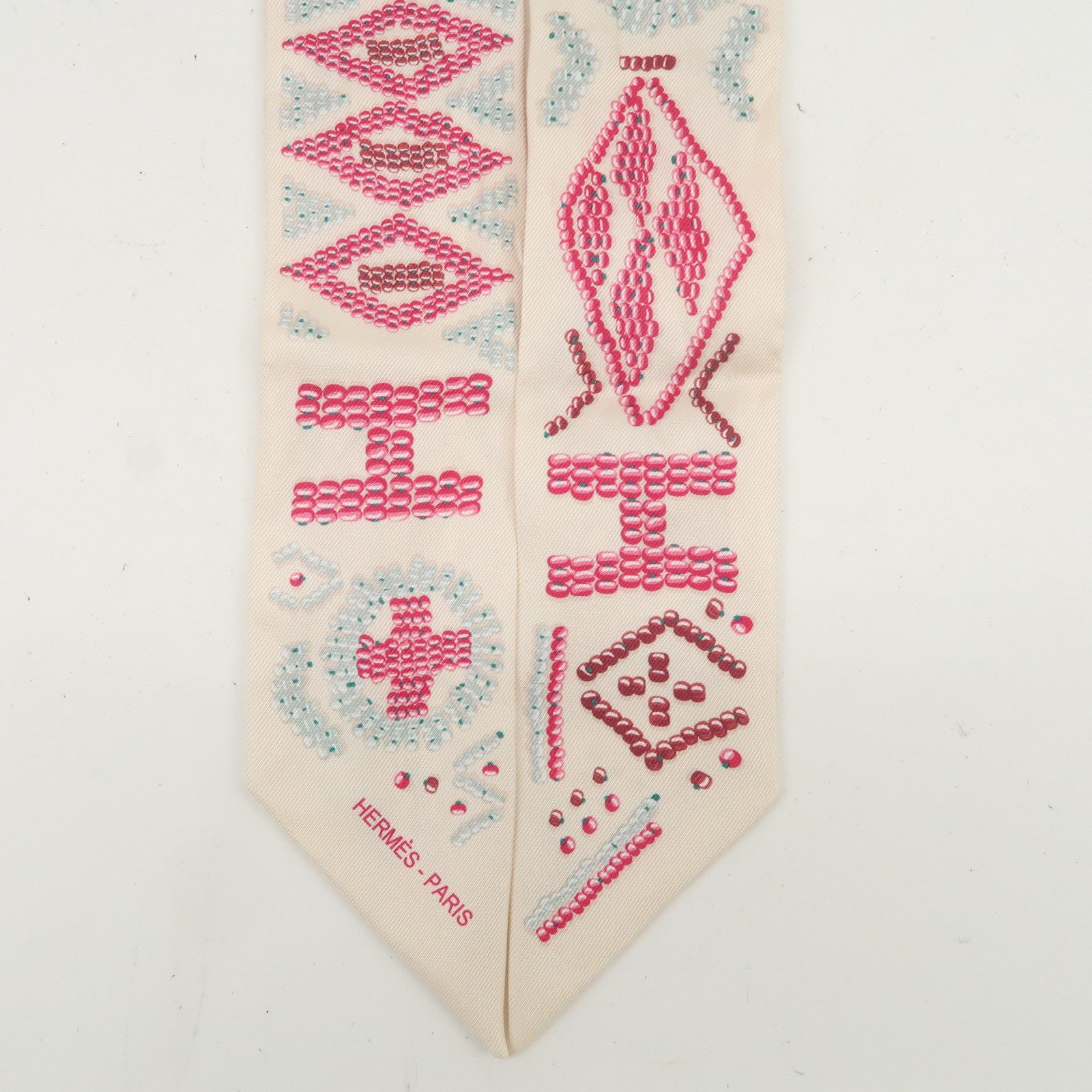 HERMES Twilly Silk 100% KELLY EN PERLES Scarf Ivory Pink