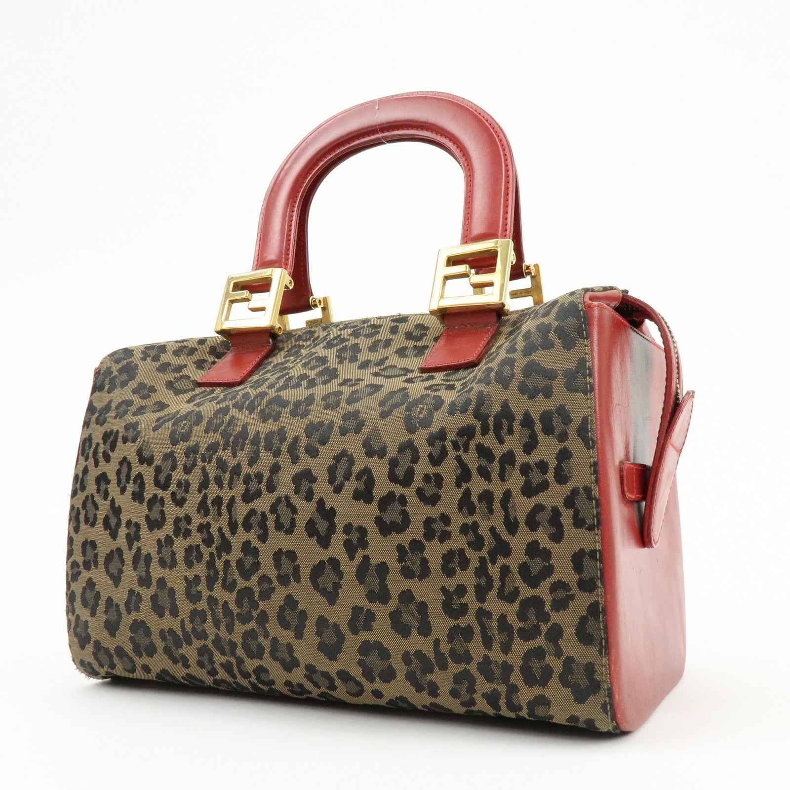 FENDI Canvas Leather Hand Bag Boston Bag Leopard Brown Red