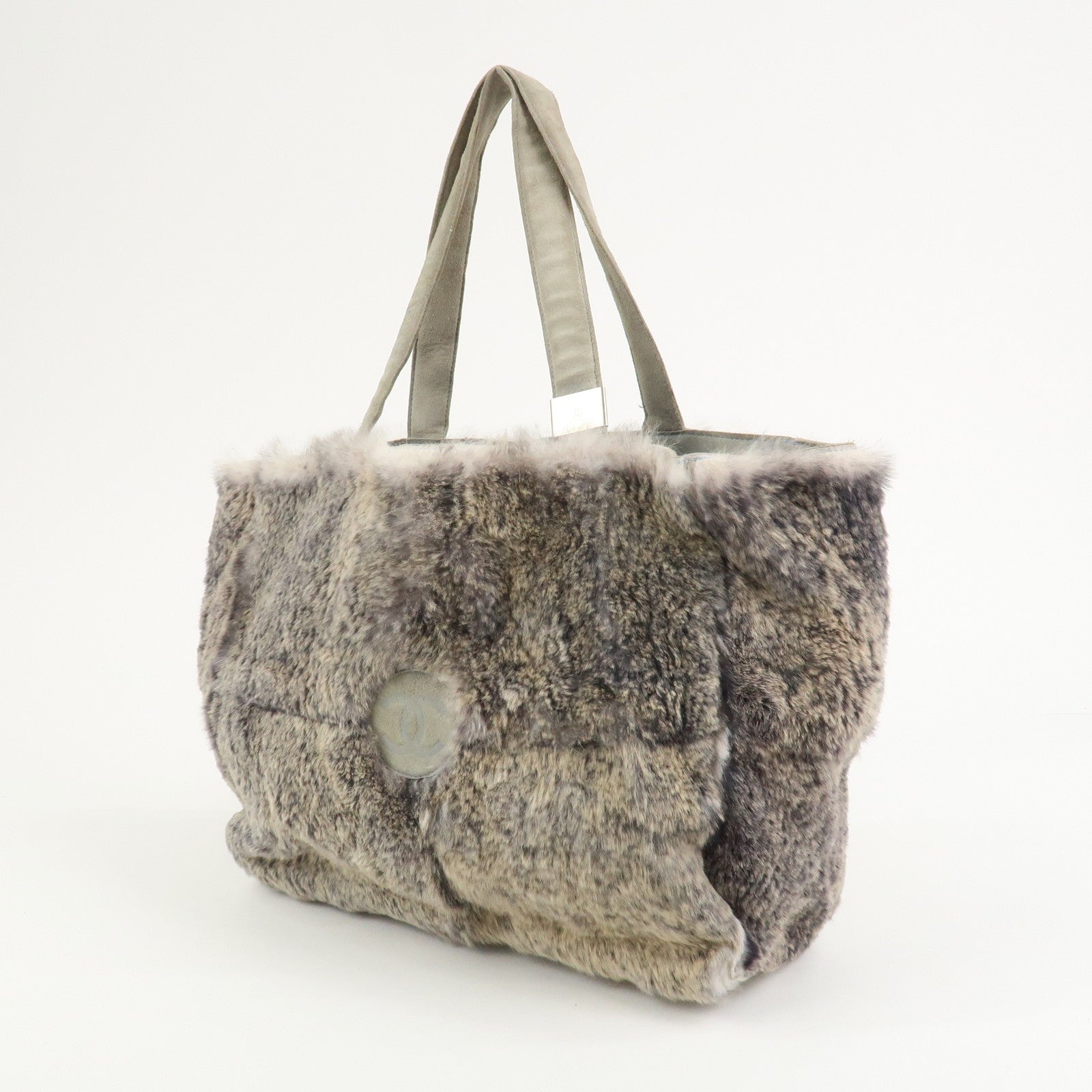 CHANEL COCO Mark Logo Fur Suede Hand Bag Grey