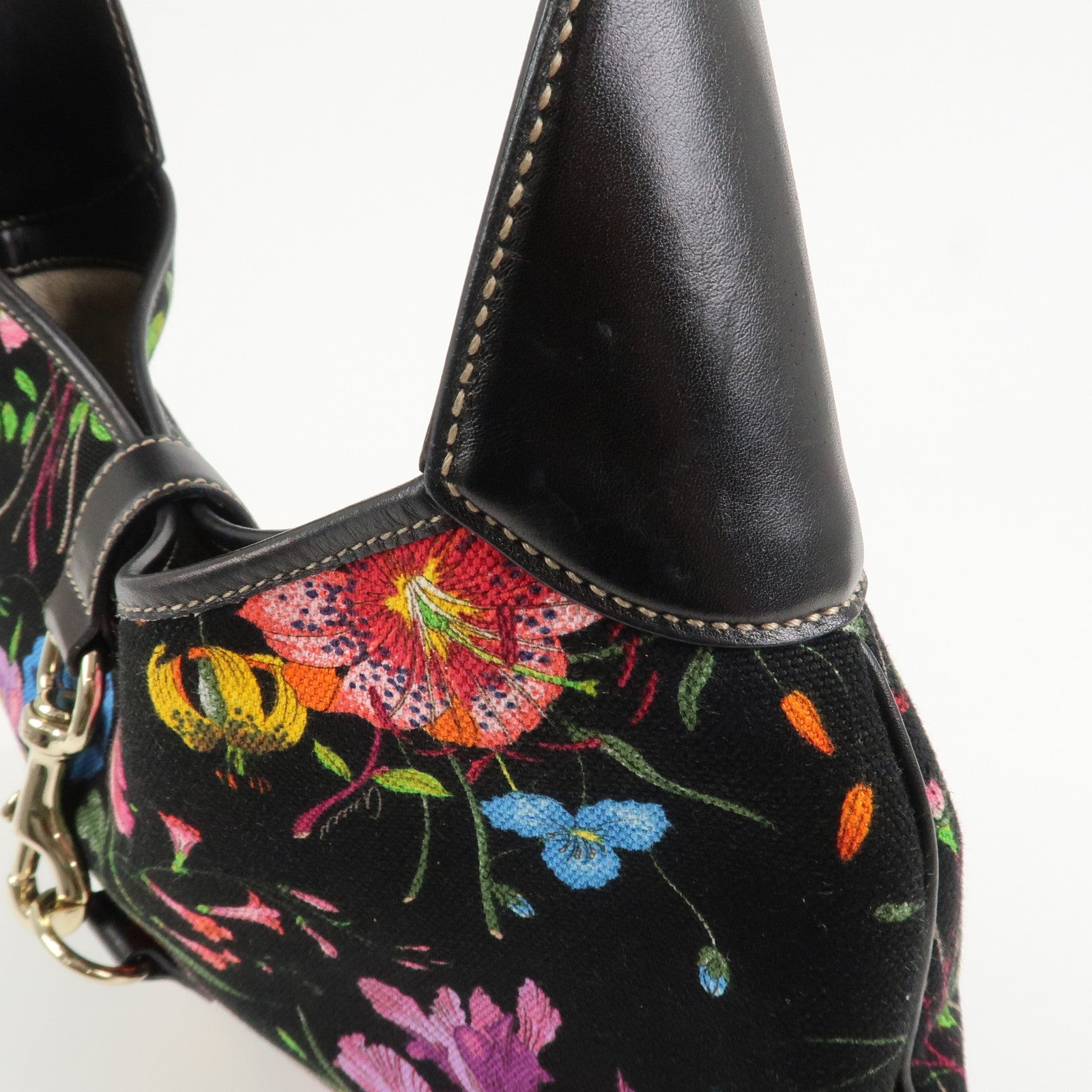GUCCI Canvas Leather Shoulder Bag Flower Print Black 153029