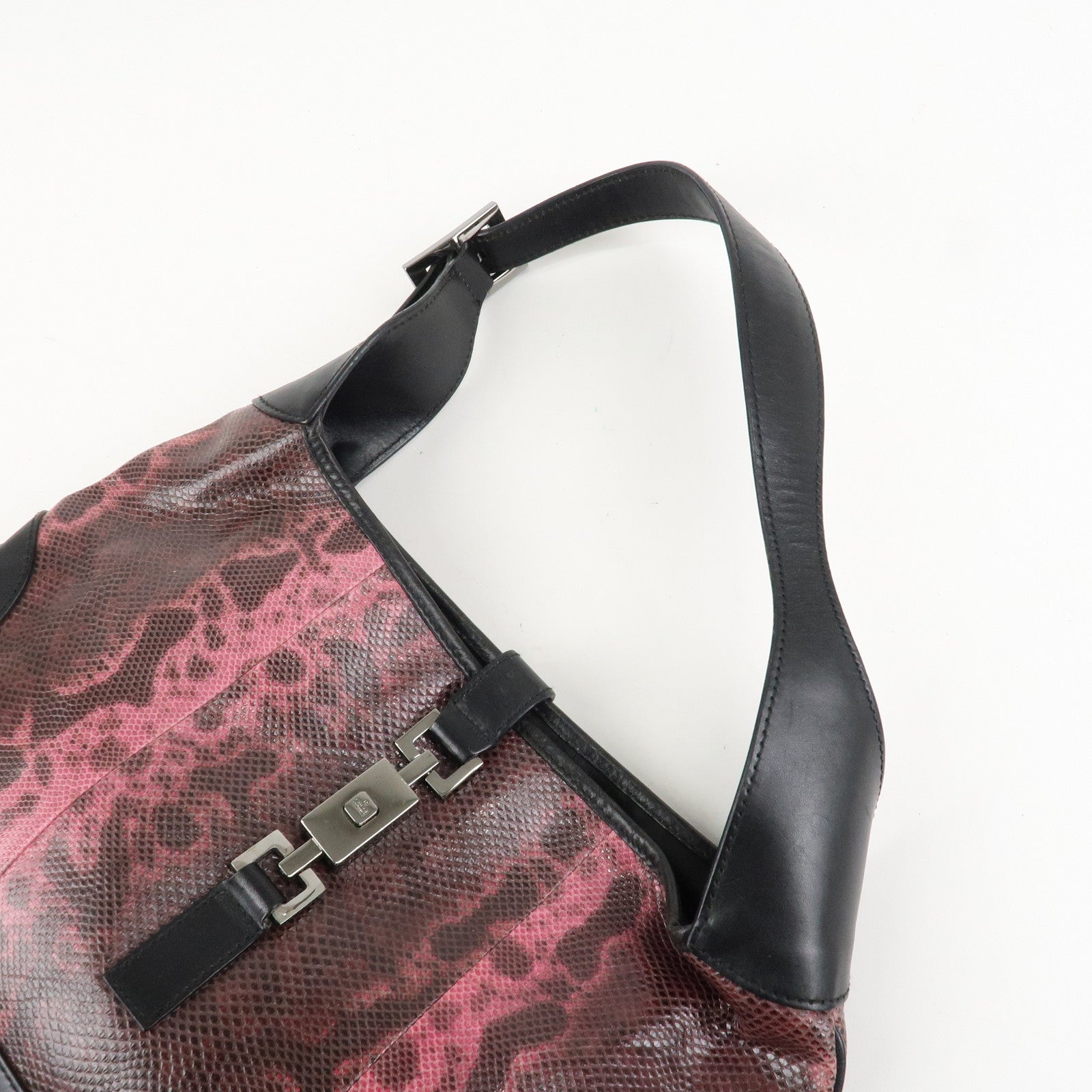 GUCCI Jackie Leather Python Shoulder Bag Black Pink 001.3306.3444 Used