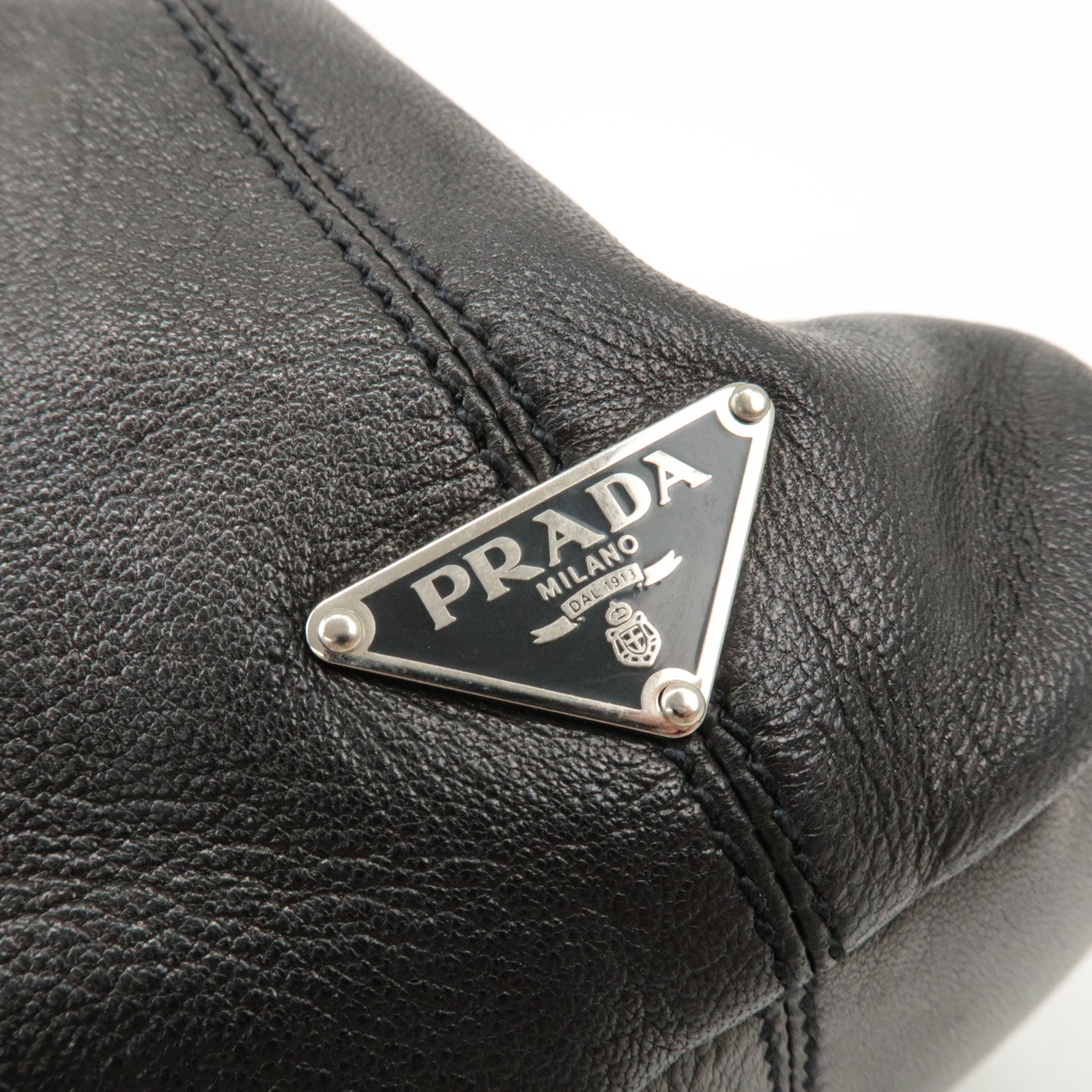 PRADA Triangle Logo Leather Tote Bag Hand Bag Black Used