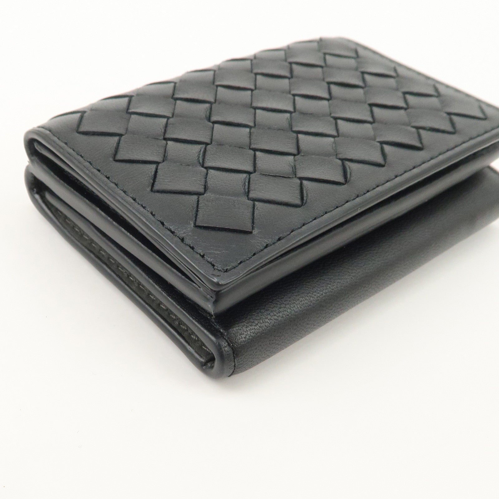 Bottega Veneta  Intrecciato Leather Tri-fold Compact Wallet Black