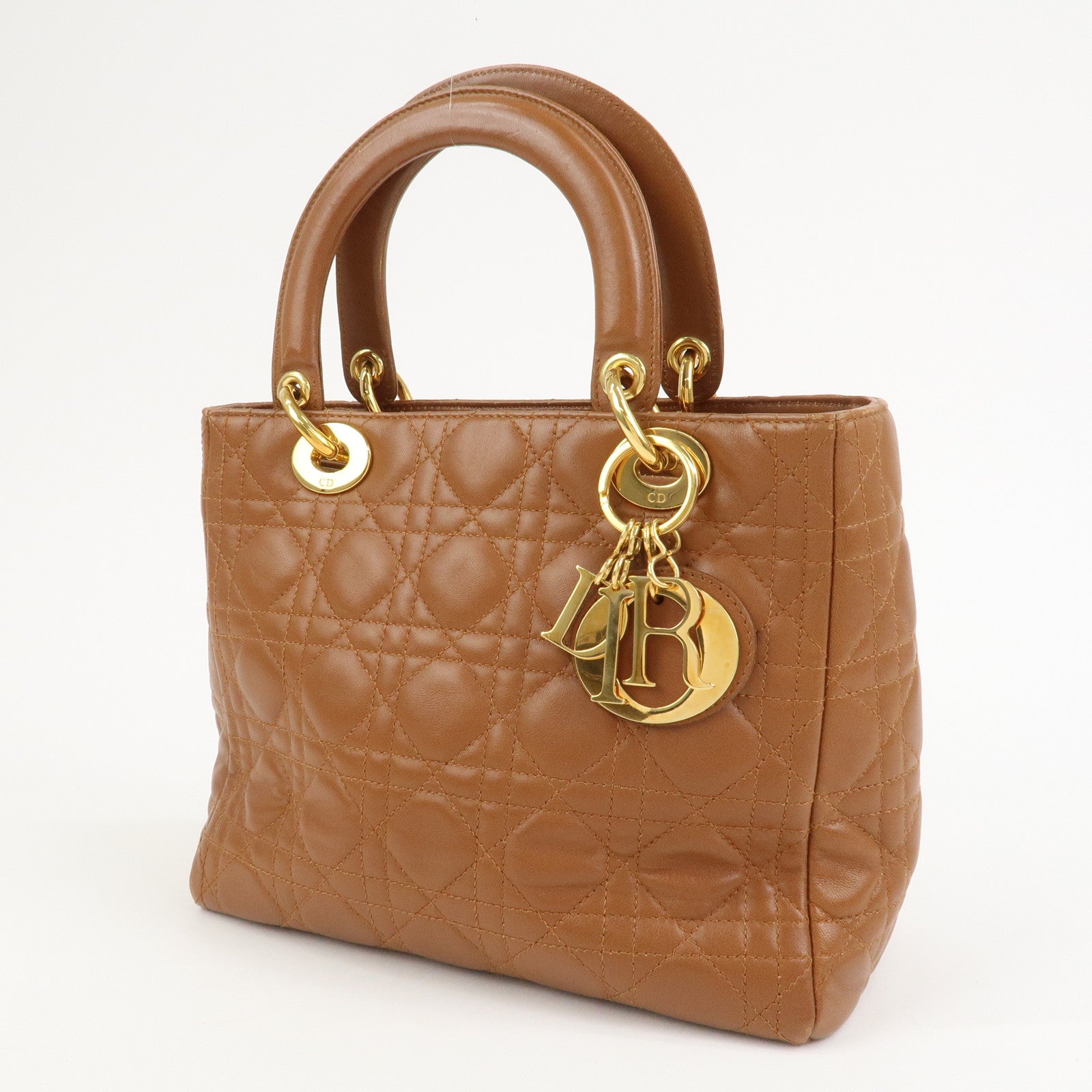 Christian Dior Canage Lady Dior Lamb Skin Hand Bag Tote Bag Brown