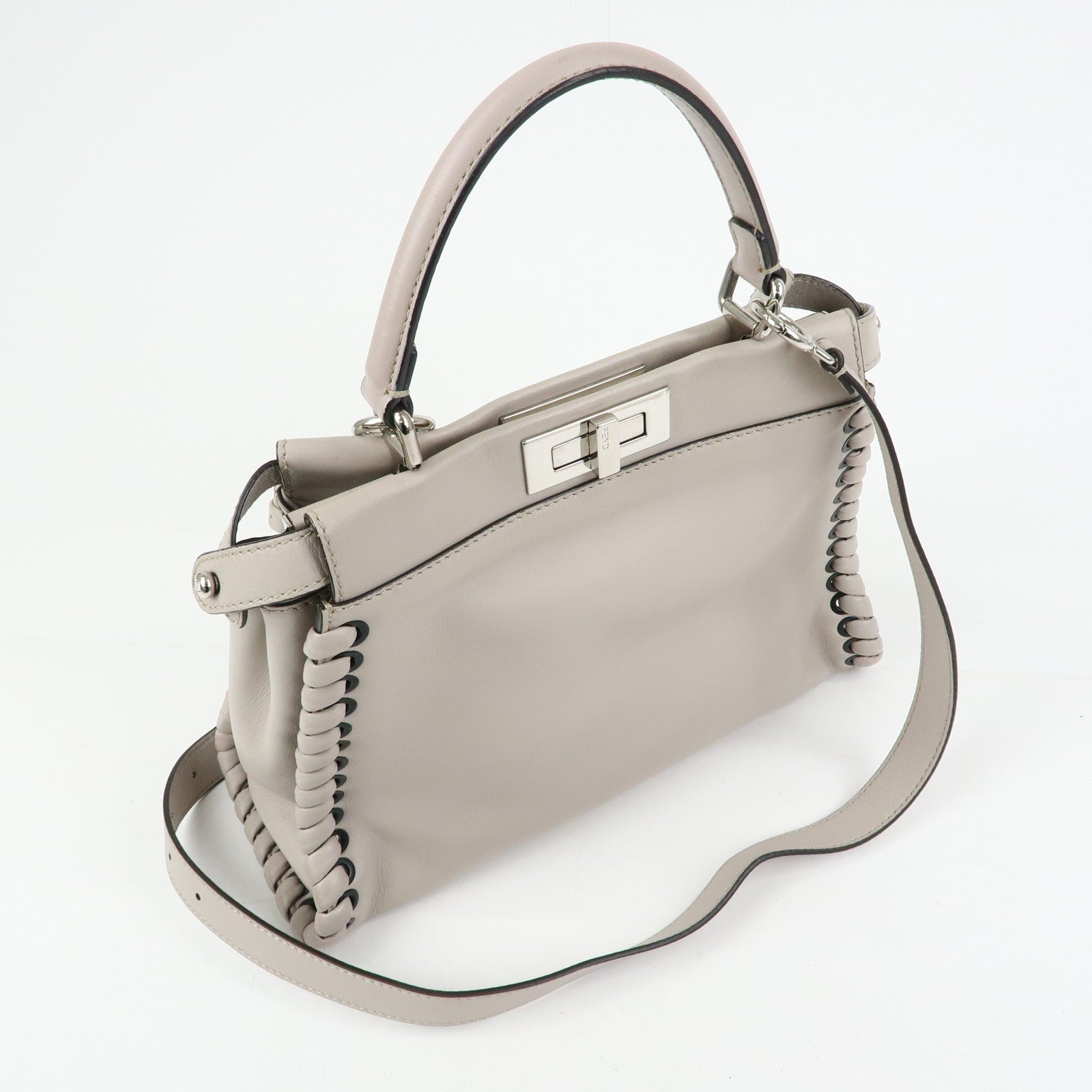 FENDI Peekaboo Leather 2Way Bag Hand Bag Shoulder Bag Gray 8BN290