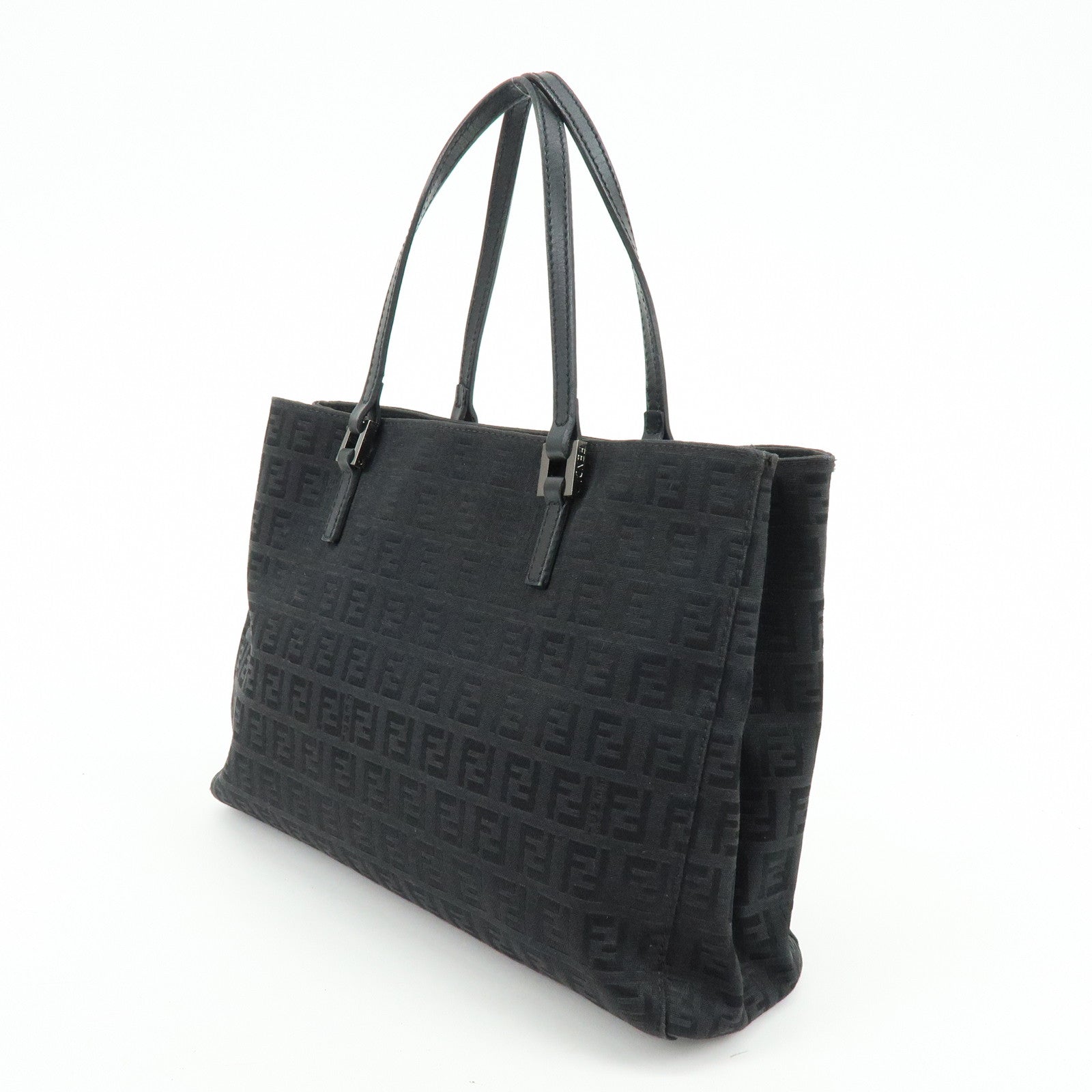 FENDI Zucchino Canvas Leather Tote Bag Hand Bag Black 8BH072