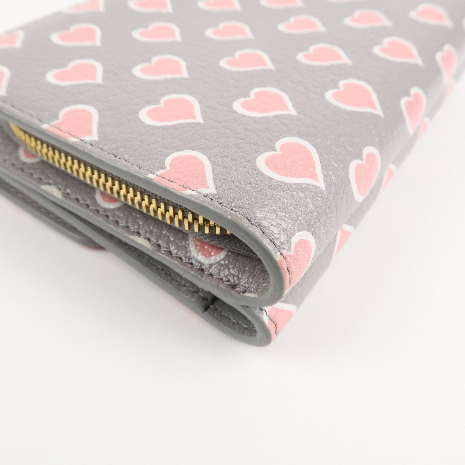 MIU MIU Leather Heart BI-fold Wallet Pink Gray Gold Hardware 5ML014 Used