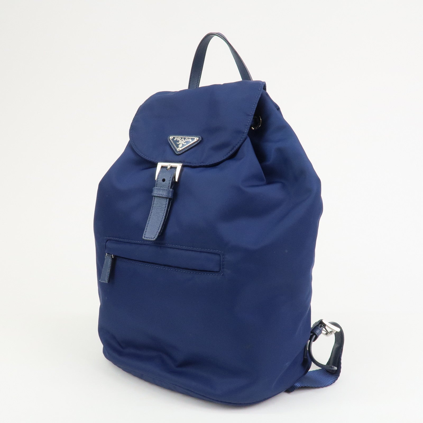 PRADA Triangle Logo Nylon Saffiano Leather Backpack Navy BZ0032