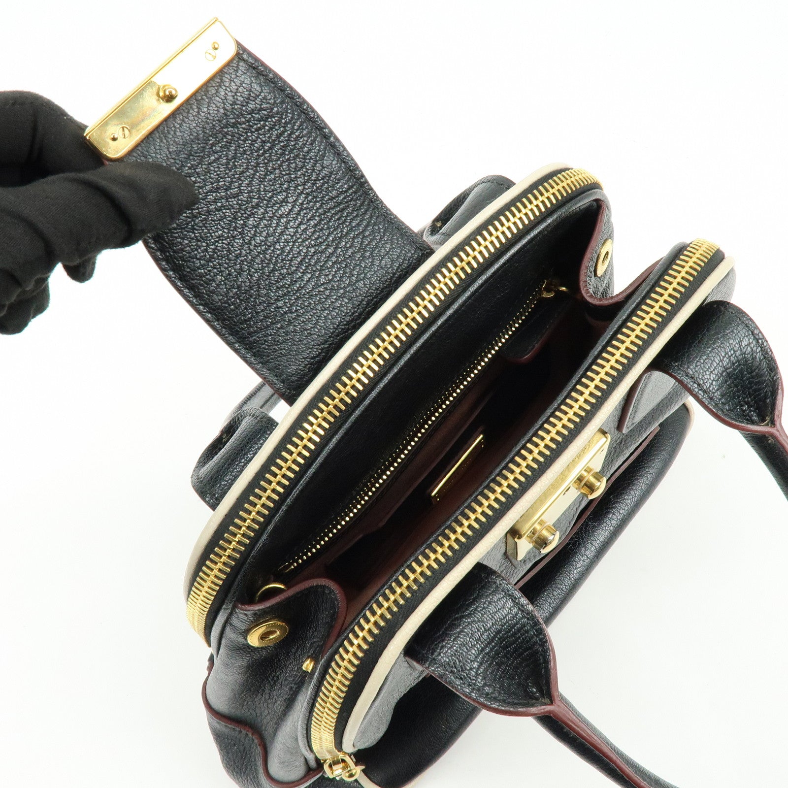 MIU MIU Logo Madras Leather 2Way Bag Hand Bag Shoulder Bag Black