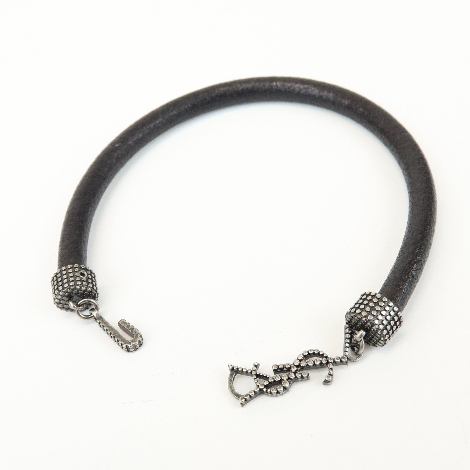 SAINT LAURENT Leather Metal Cassandre Bracelet Black