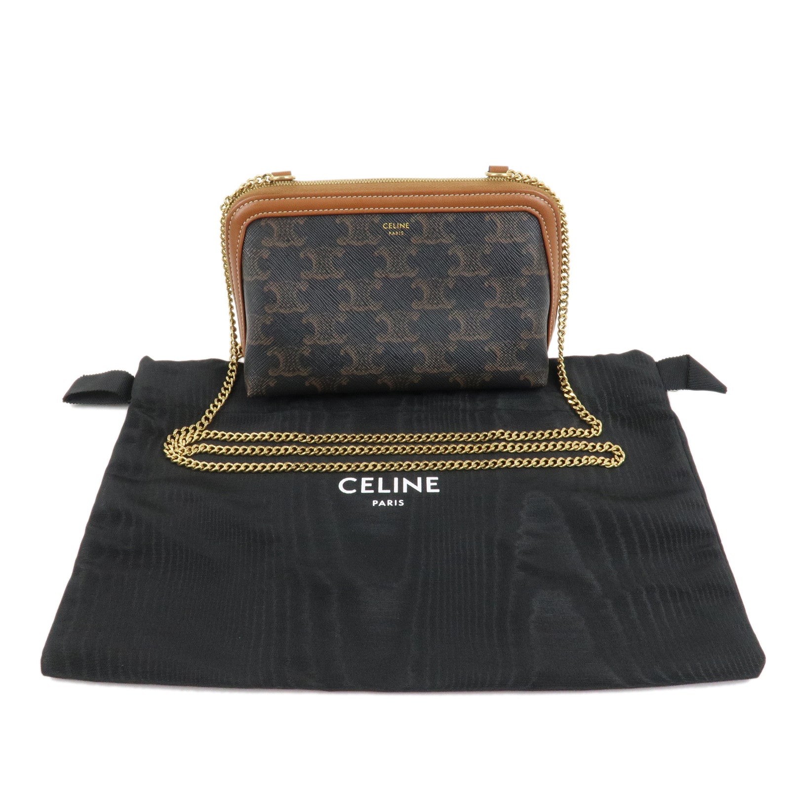 CELINE Triomphe Canvas Lamb Skin Chain Shoulder Bag Tan