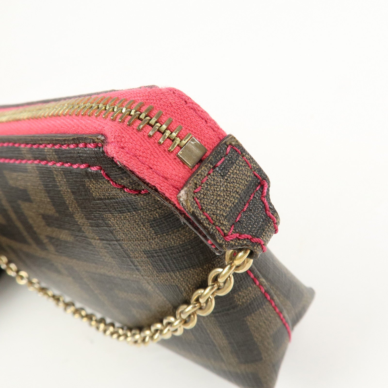 FENDI Zucca PVC Chain Accessory Pouch Hand Bag Brown 8BR592