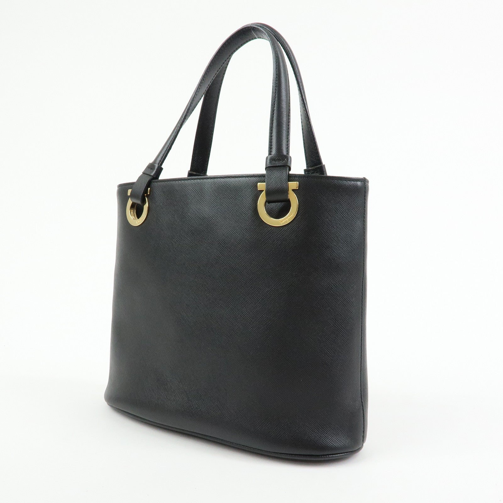 Ferragamo Gancini Leather Tote Bag Hand Bag Bucket Bag Black