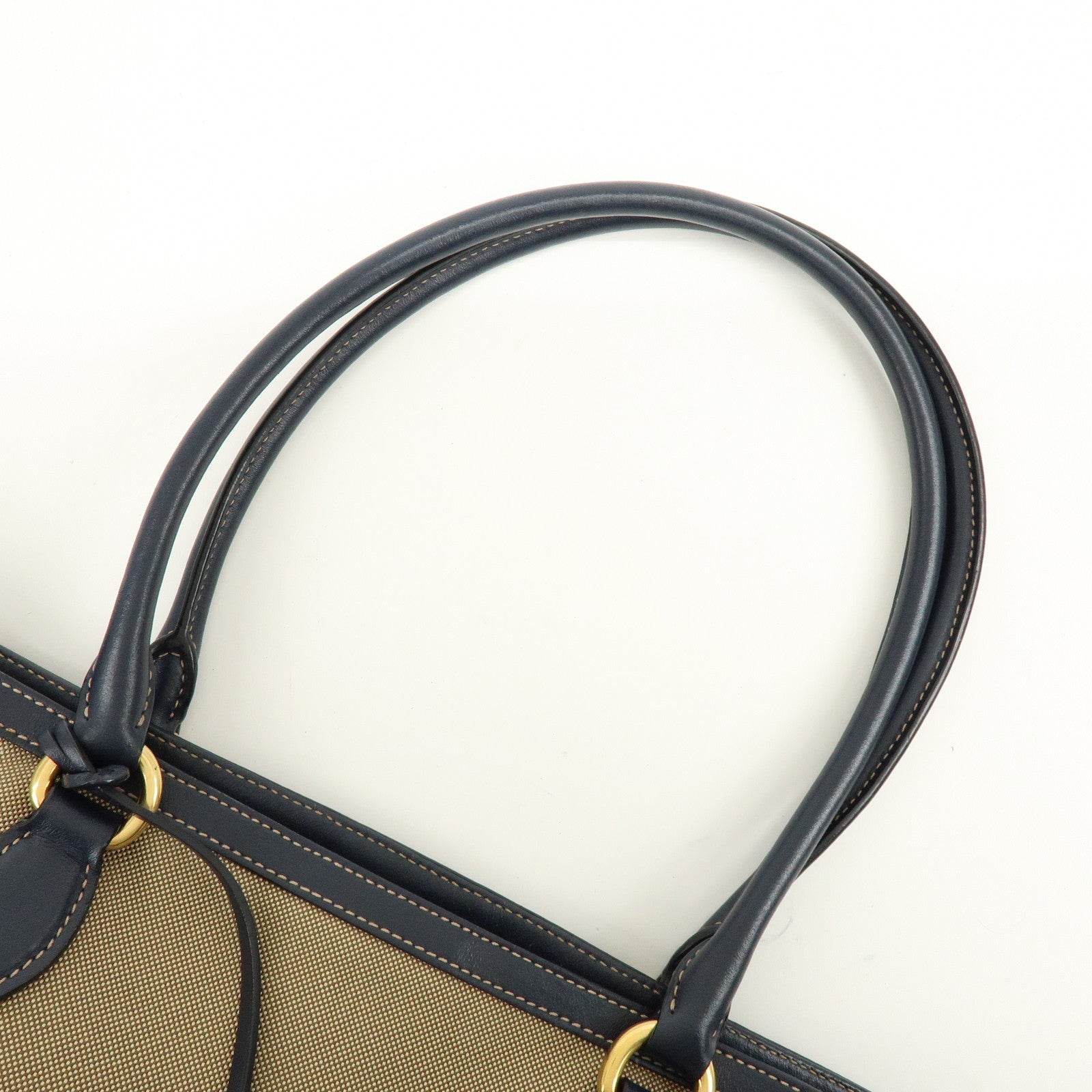 PRADA Logo Jacquard Leather Tote Bag Hand Bag Beige Navy