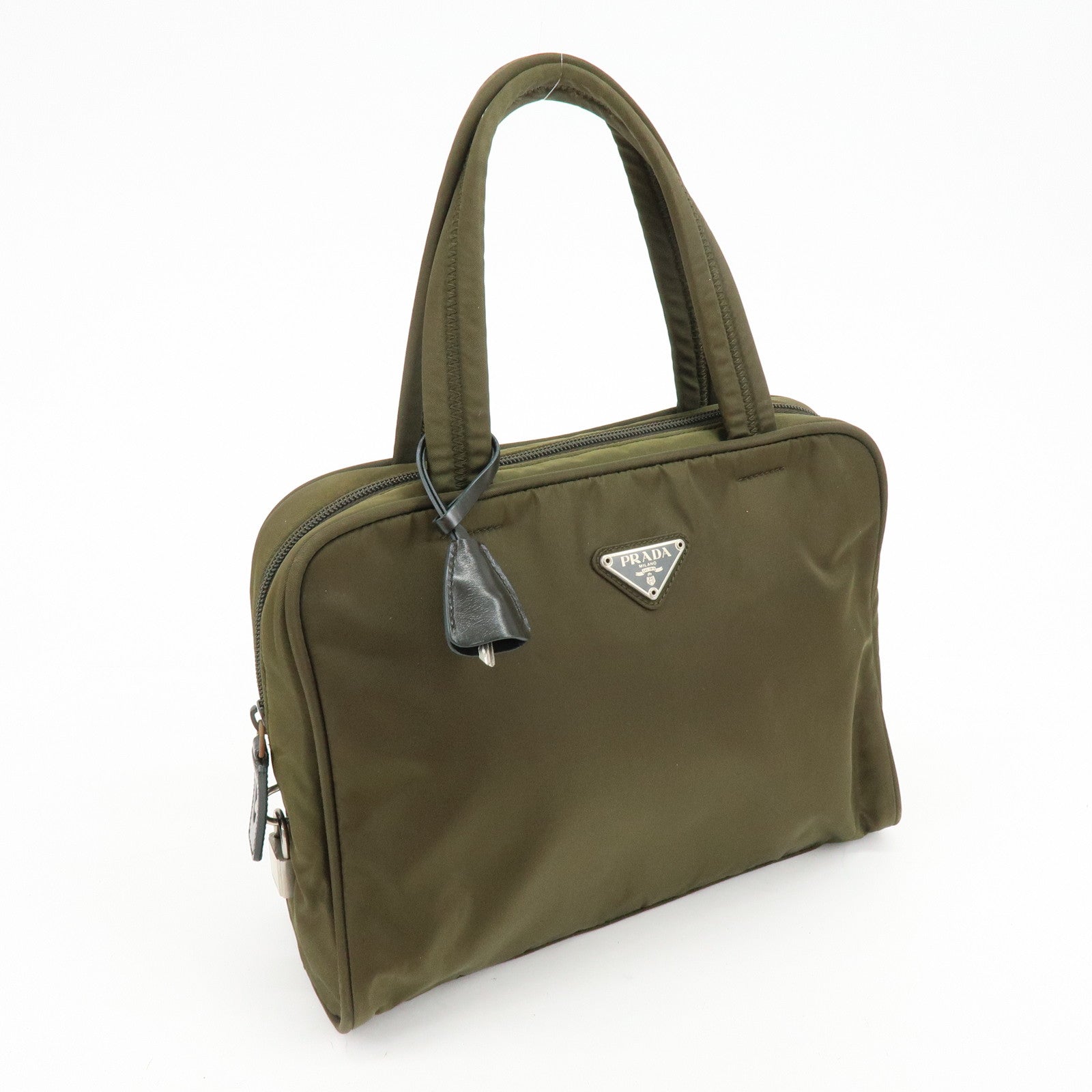 PRADA Triangle Logo Nylon Leather Hand Bag Boston Bag Khaki