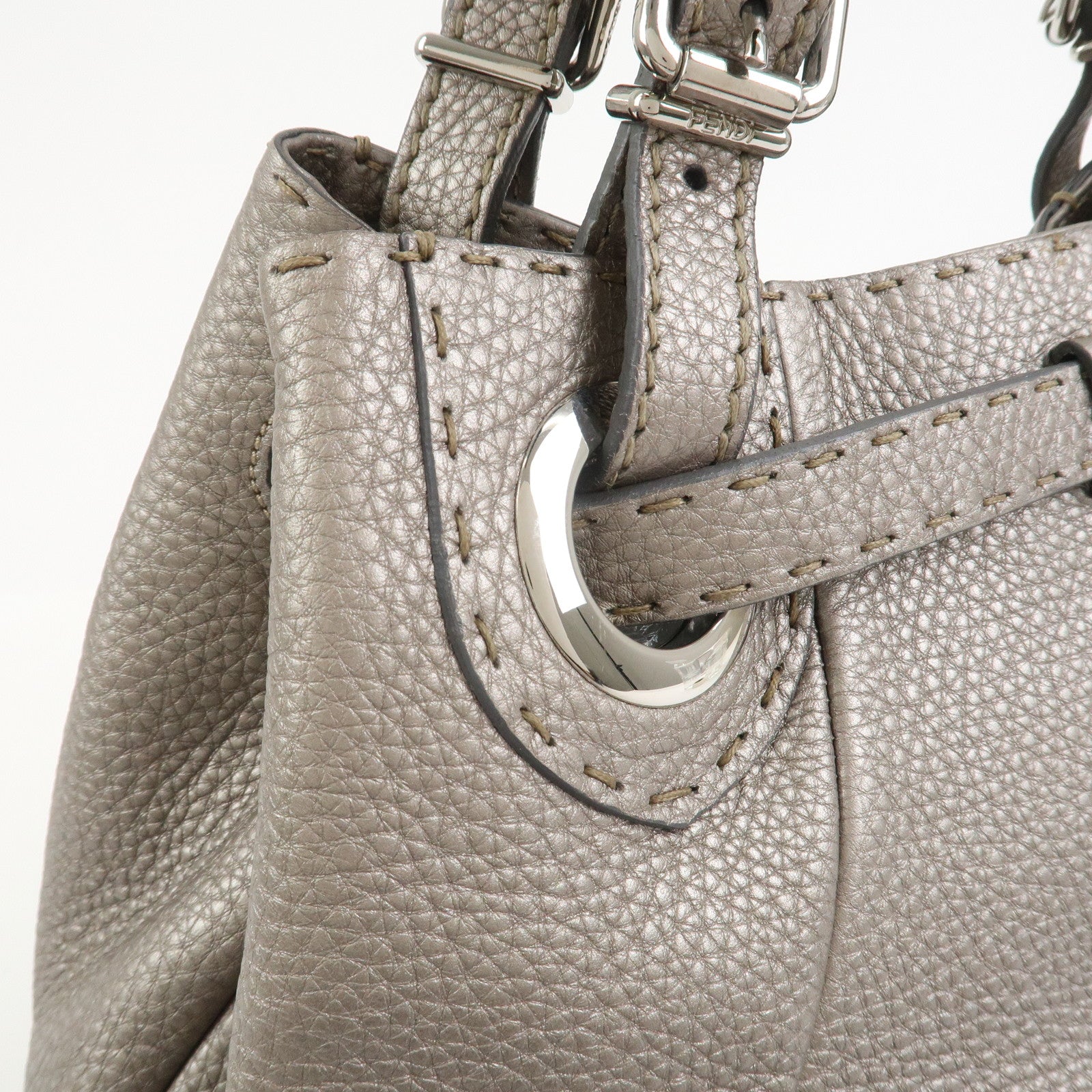 FENDI Selleria Leather Hand Bag Shoulder Bag Silver 8BR595