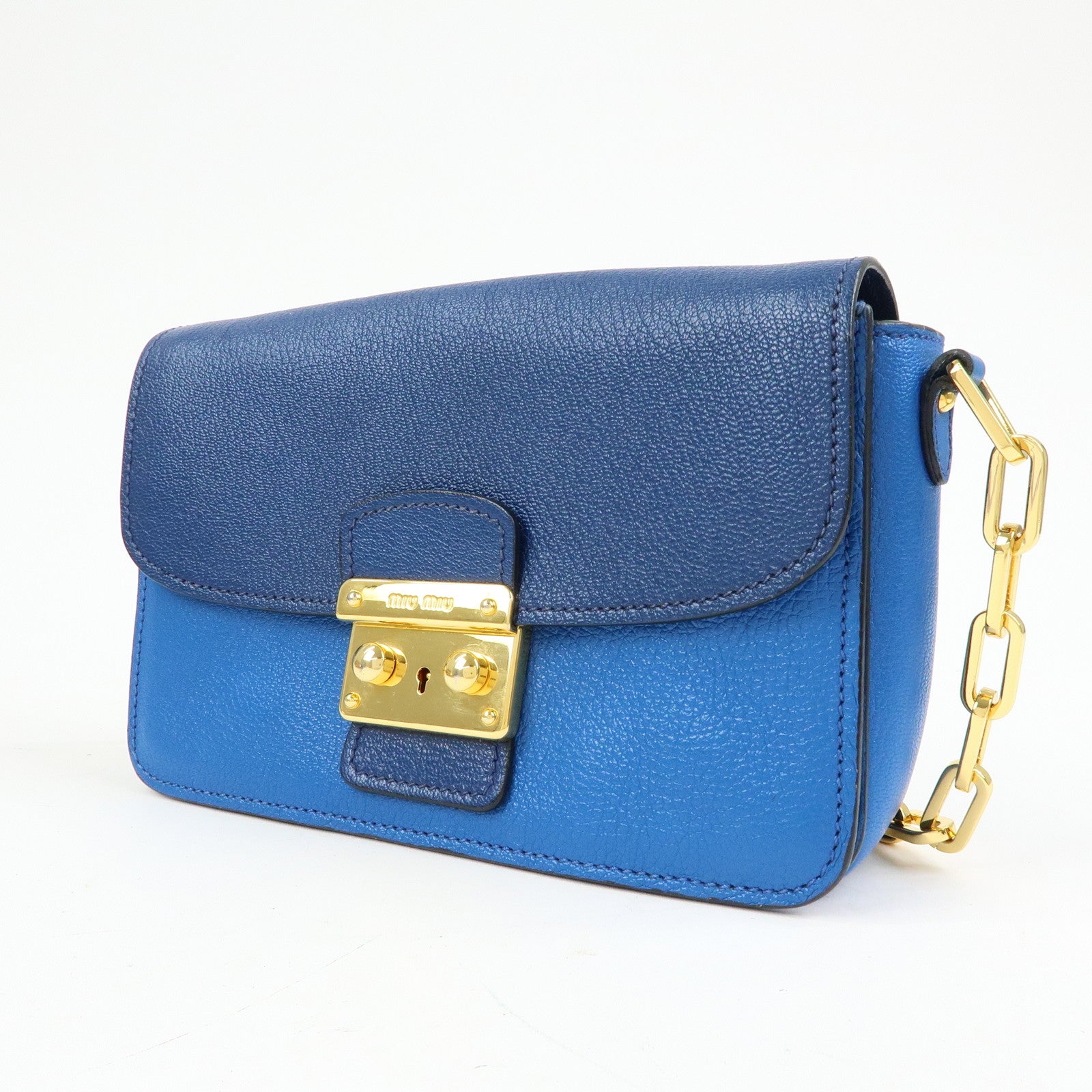 MIU MIU Madras Leather Shoulder Bag Crossbody Bag Blue RT0544