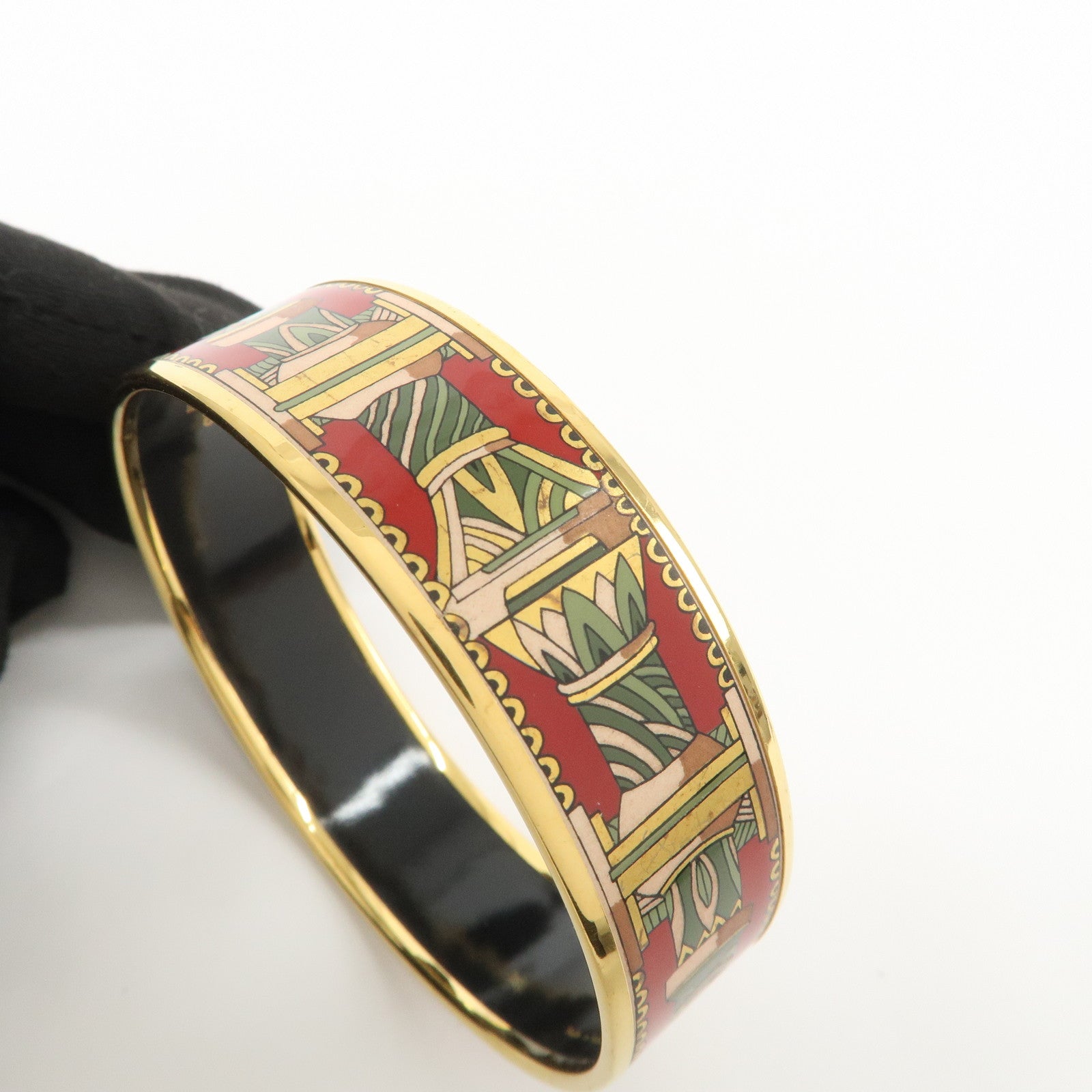 HERMES Email GM Gold Plated Bangle Bracelet Red Green