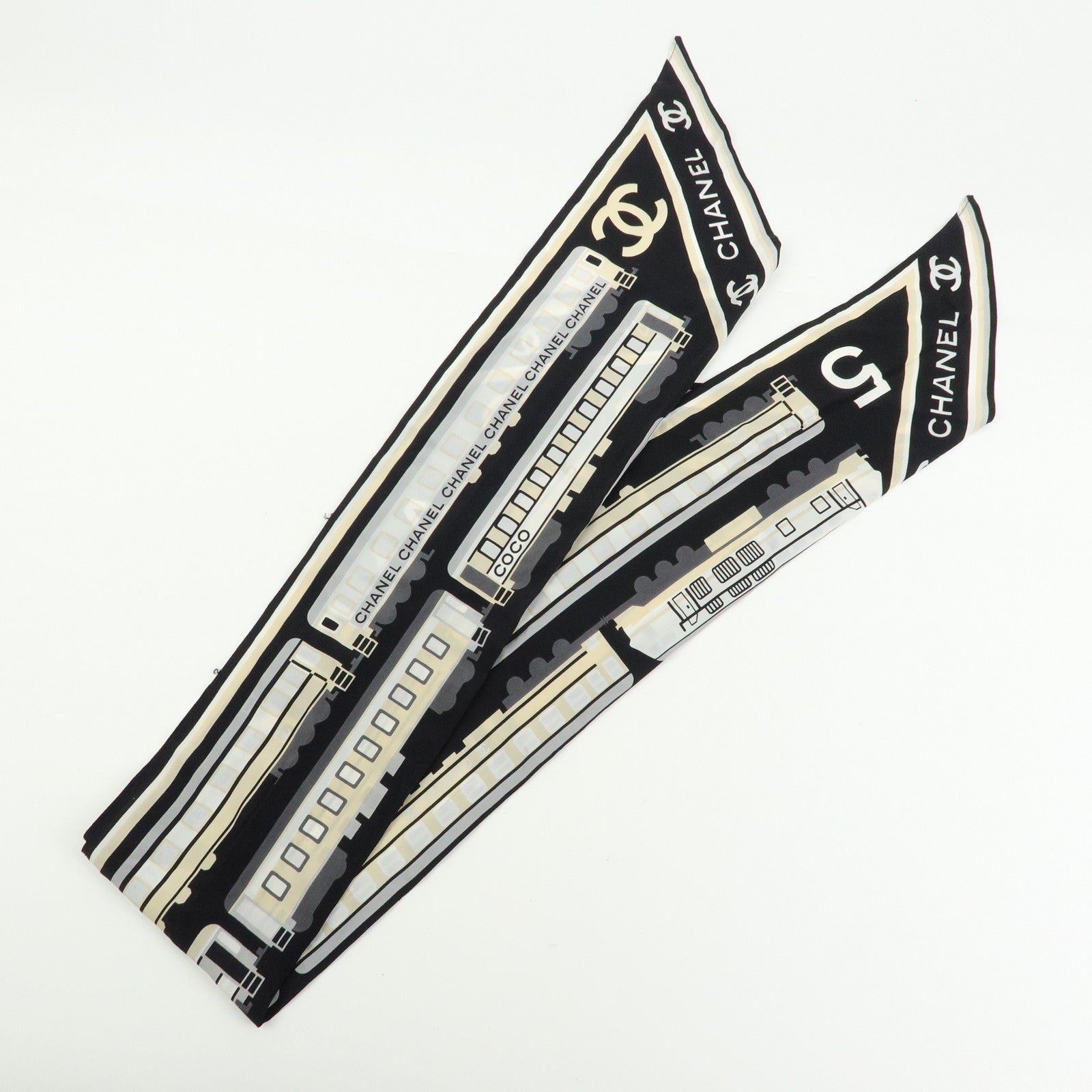 CHANEL COCO Mark Silk100% Train Scarf Shawl Black