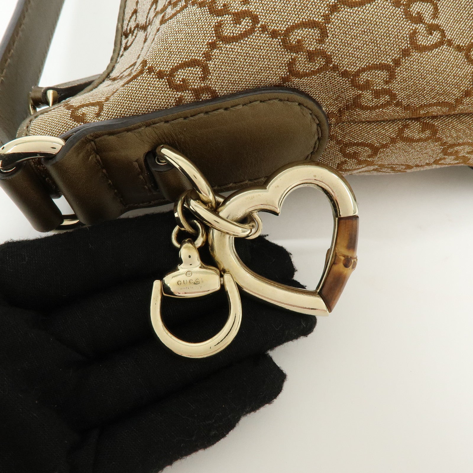 GUCCI Bamboo Lovely Heart Horsebit Shoulder Bag Beige Khaki 269959