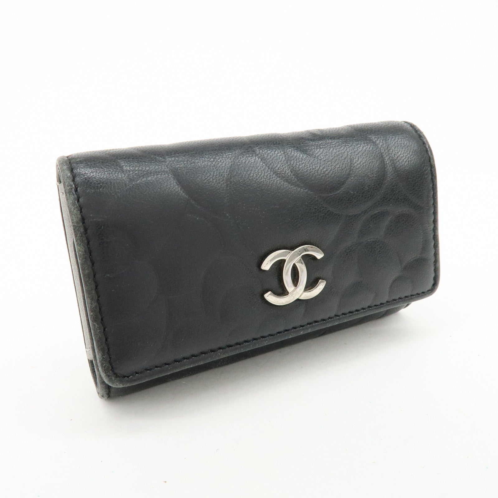 CHANEL Camelia Lamb Skin Leather Key Case Key Holder Black
