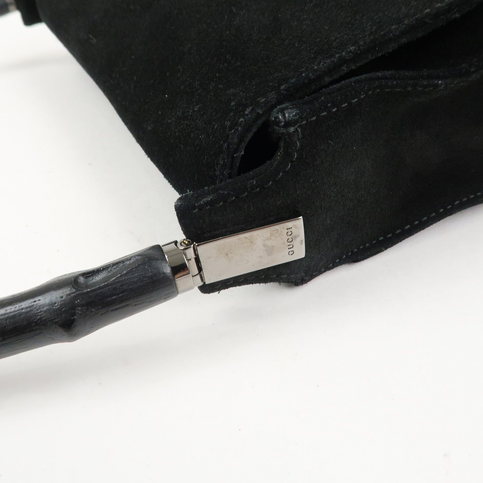 GUCCI Bamboo Suede Shoulder Bag Hand Bag Black 001・3239