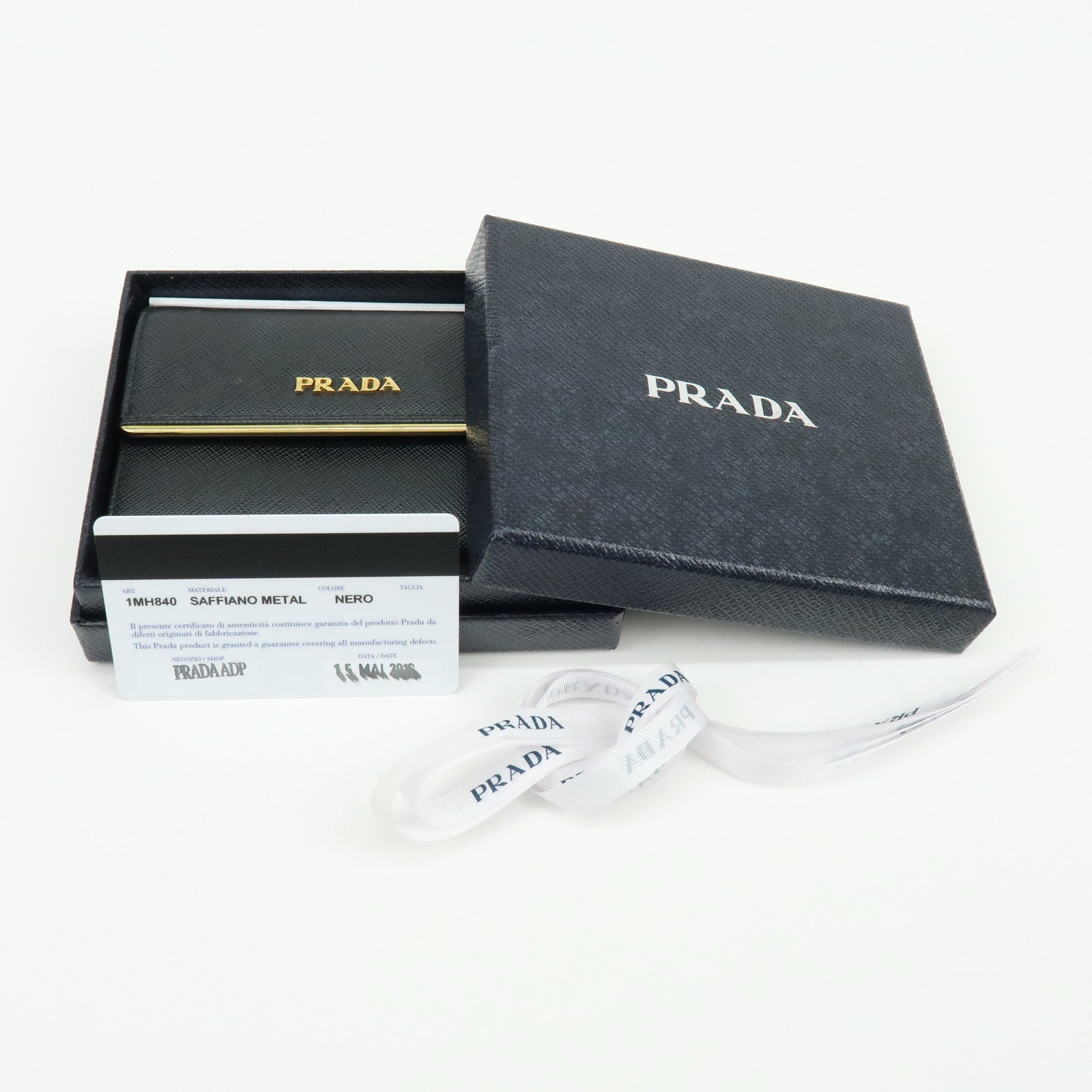 PRADA Saffiano Leather Bi-fold Compact Wallet Black Gold 1MH840