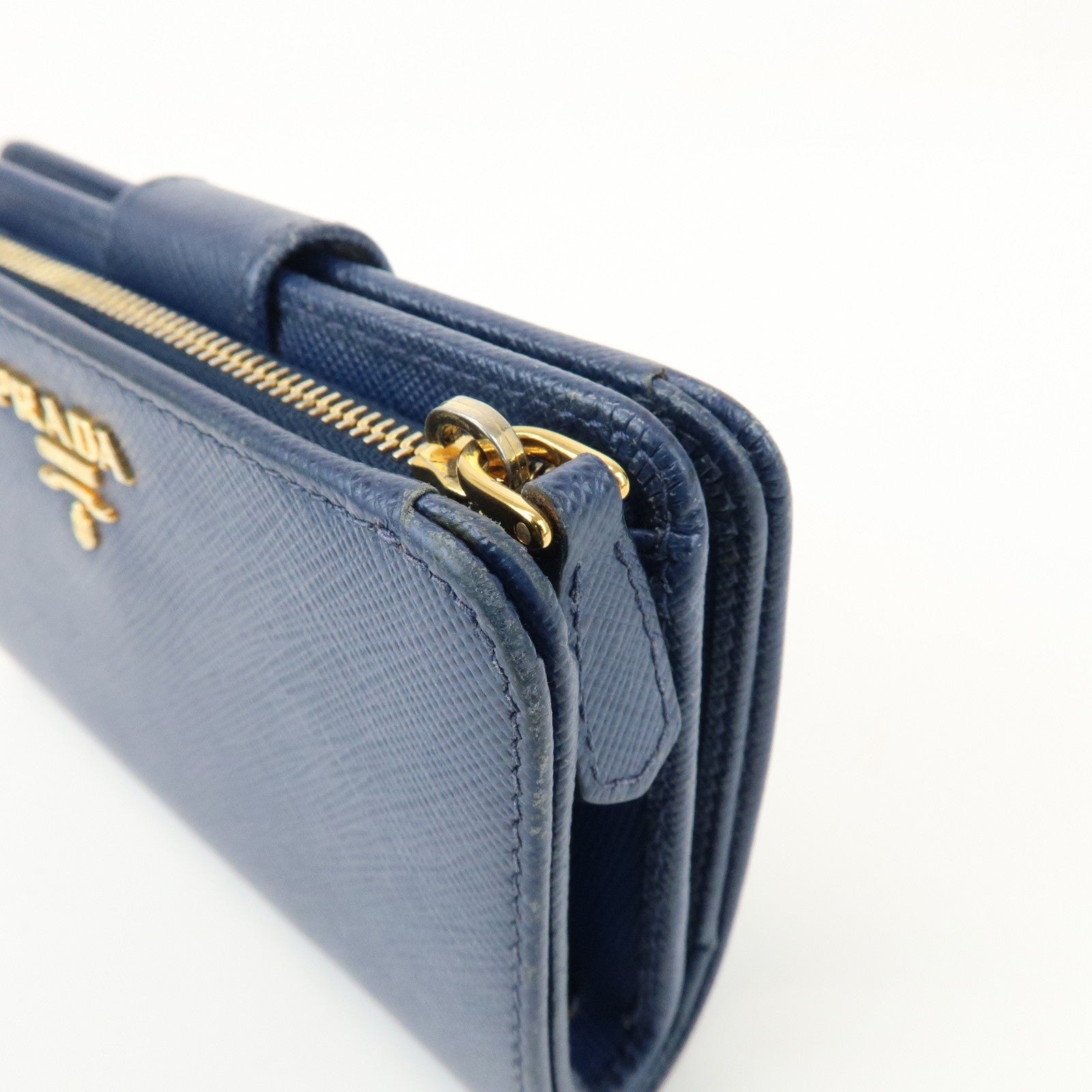 PRADA Saffiano Leather Compact Wallet Navy Gold 1ML225