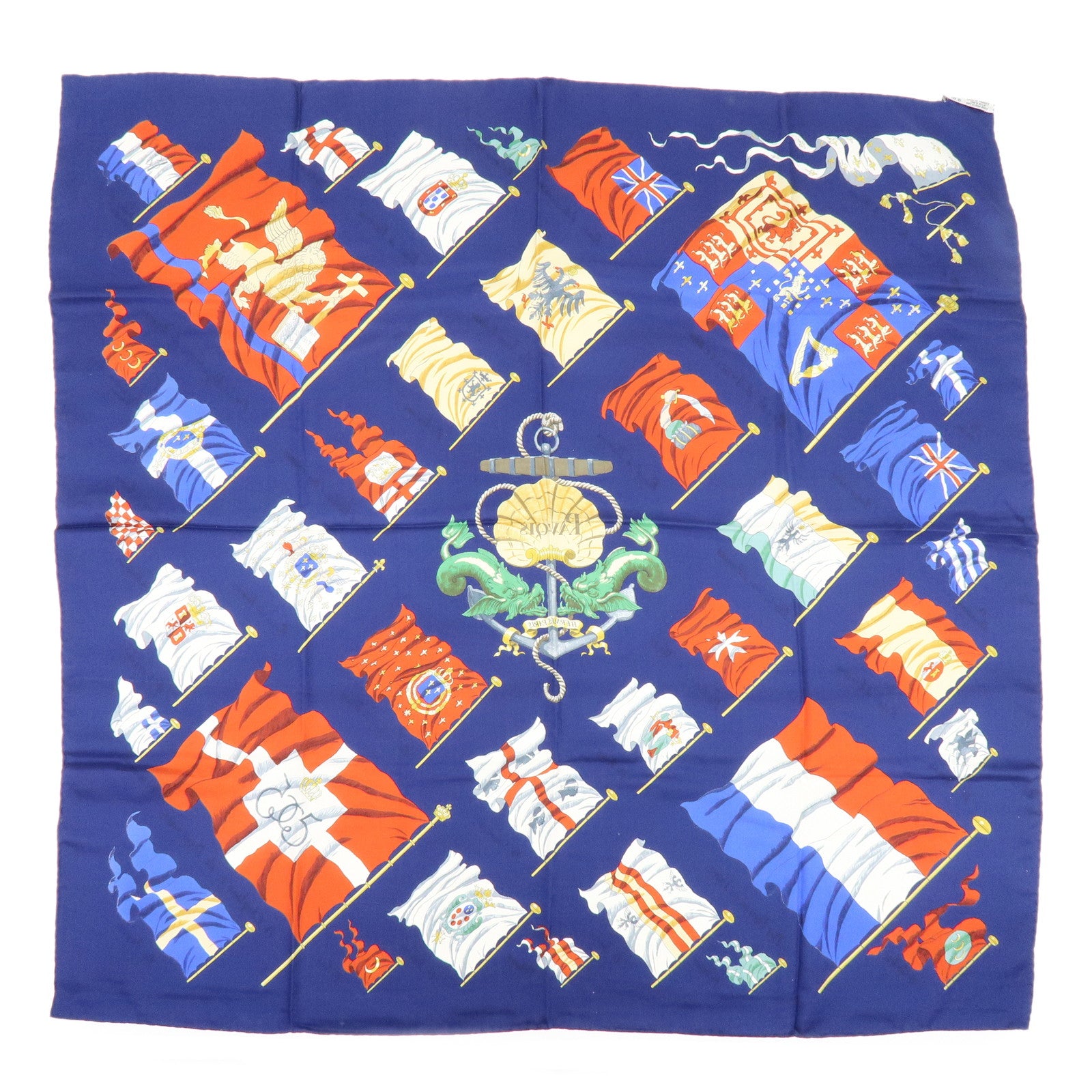 HERMES Carre 90 Silk 100% Scarf PAVOIS Ship Flag Print Navy Red