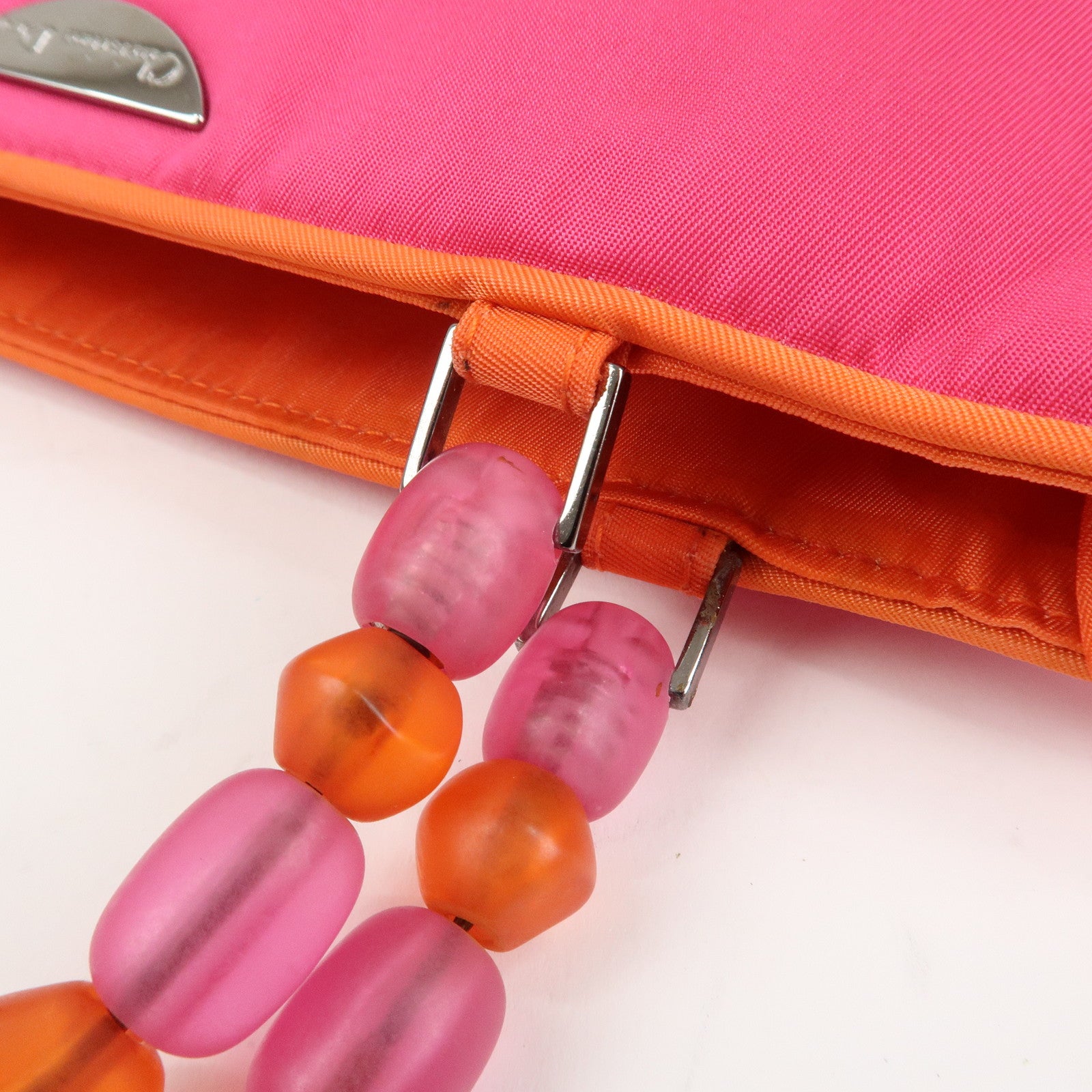 Christian Dior Malice Pearl Logo Nylon Hand Bag Pink Orange