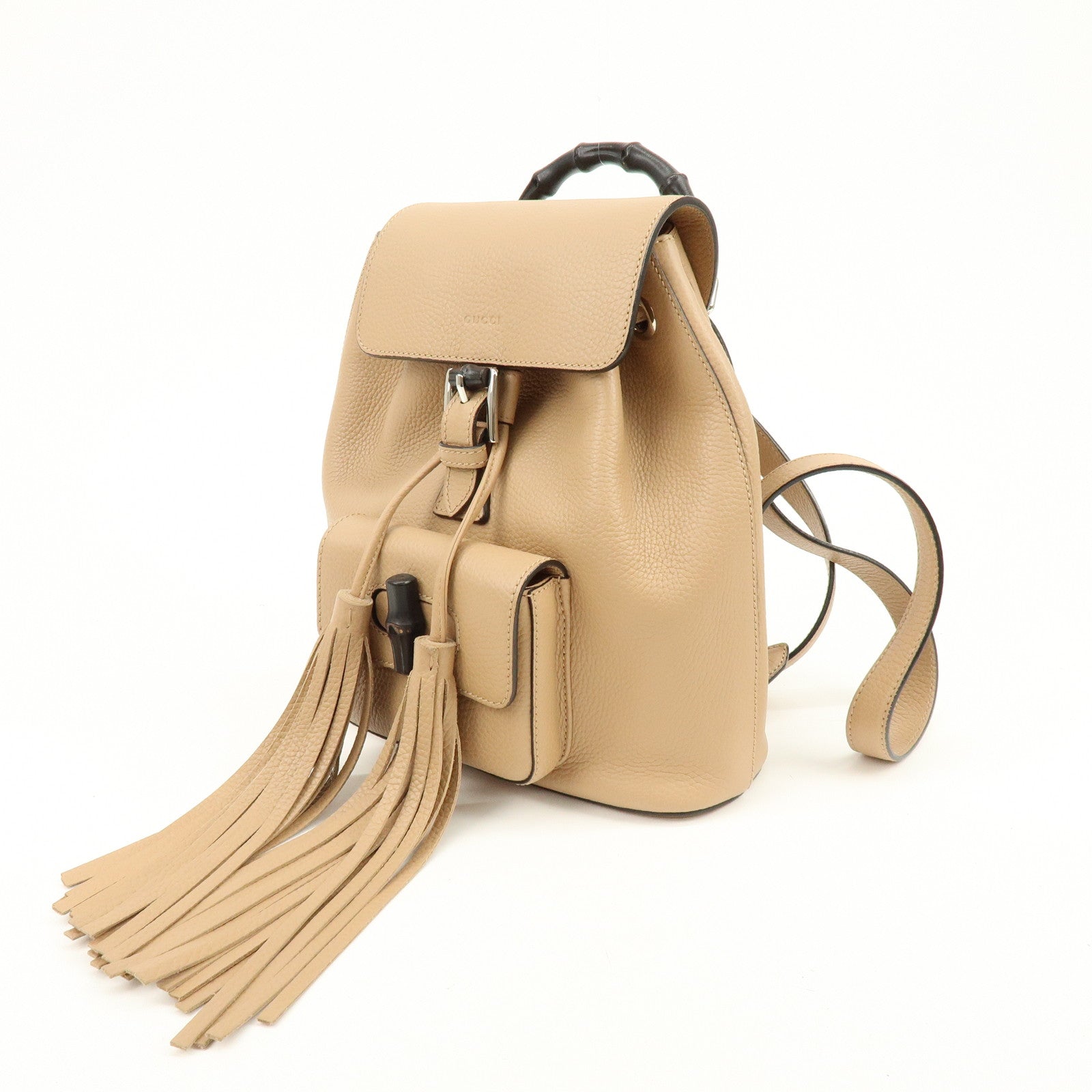 GUCCI Bamboo Tassel Leather Backpack Rucksack Beige 387149